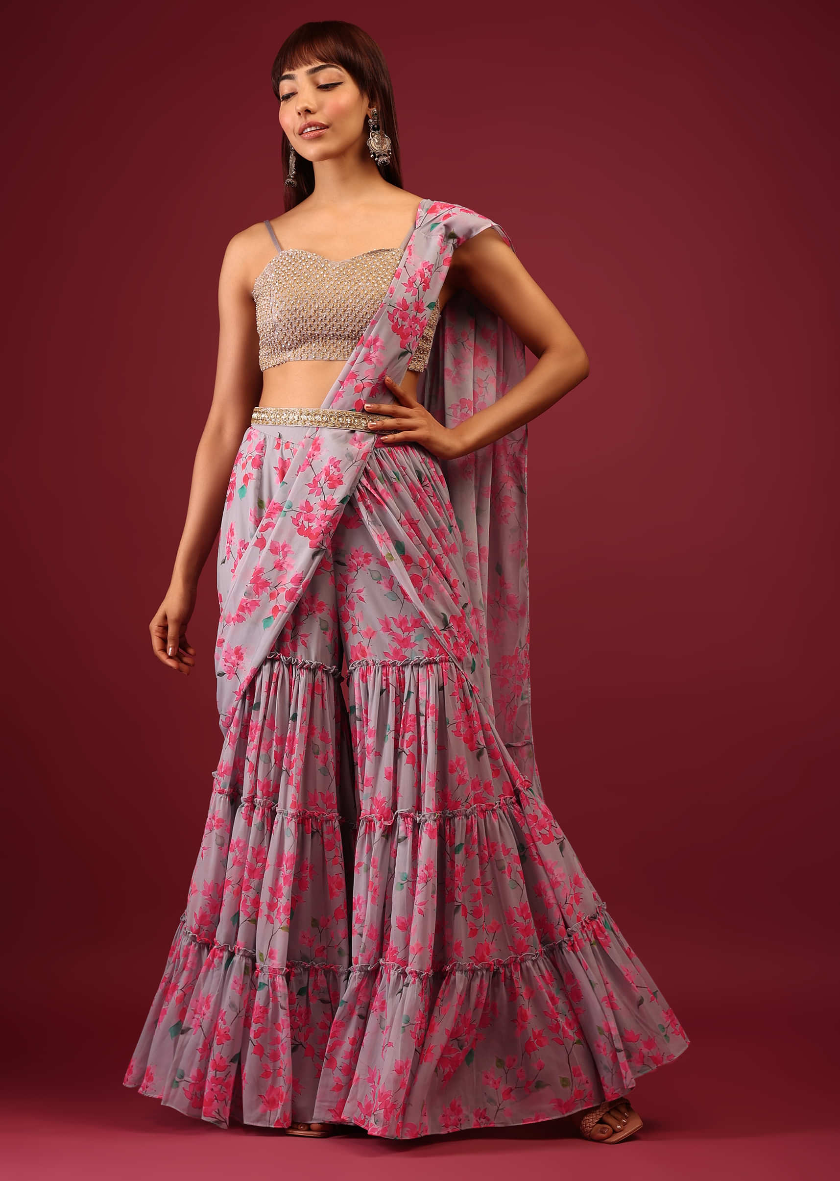 Grey Floral Print Sharara Saree With Attached Pallu And Embroidered Blouse