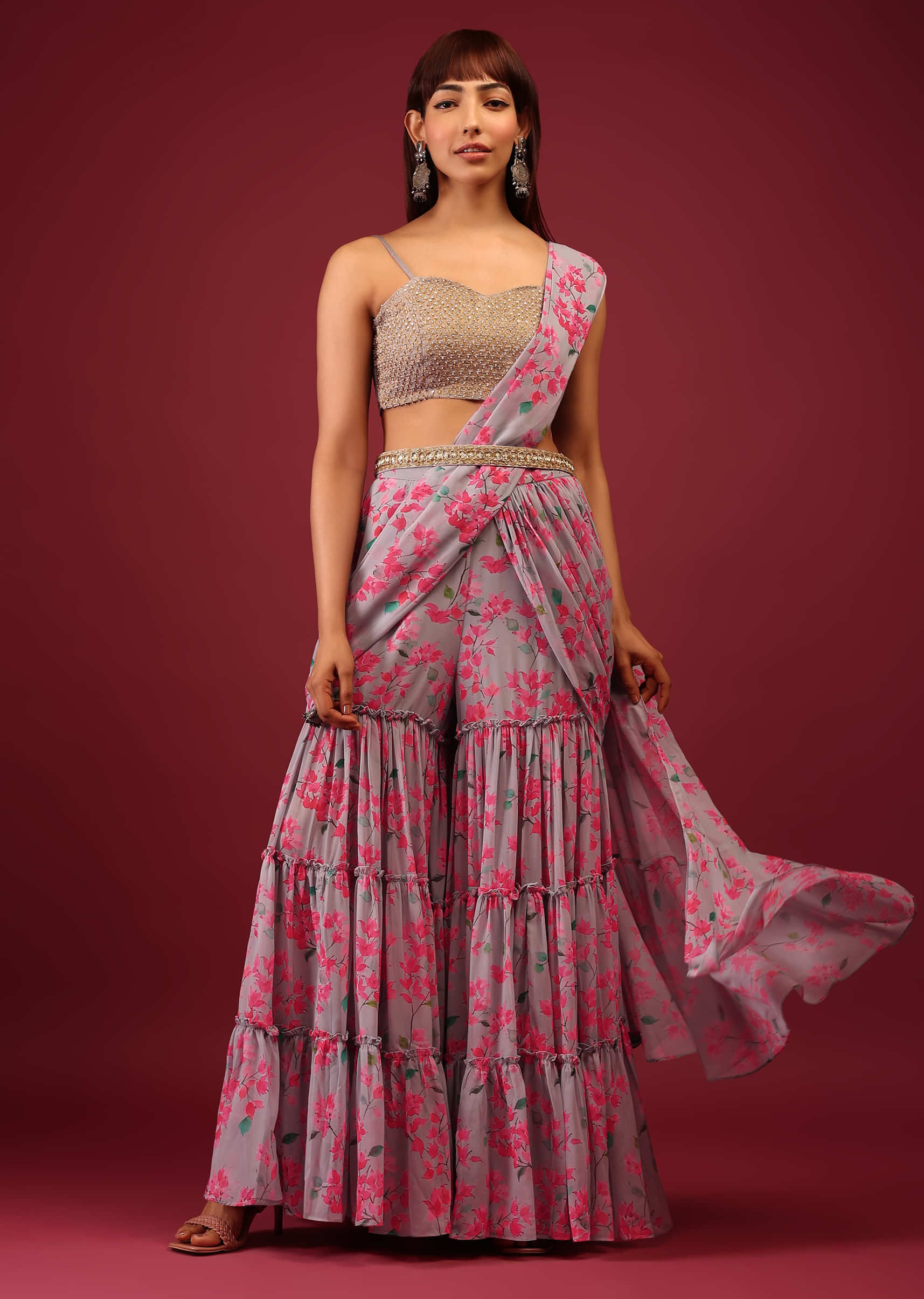 Grey Floral Print Sharara Saree With Attached Pallu And Embroidered Blouse
