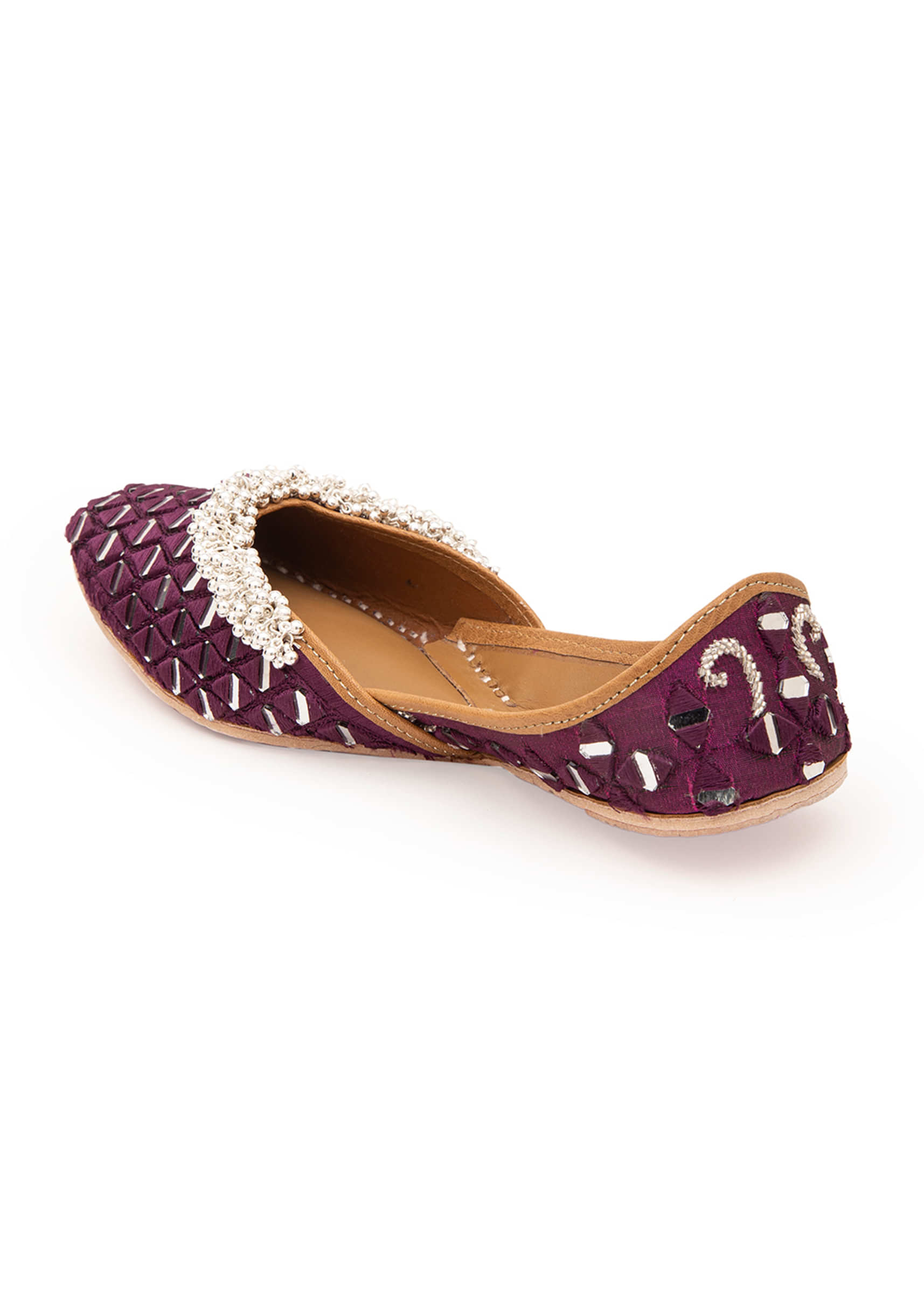 Handcrafted Purple Juttis In Silk With Mirror And Silver Embellishment