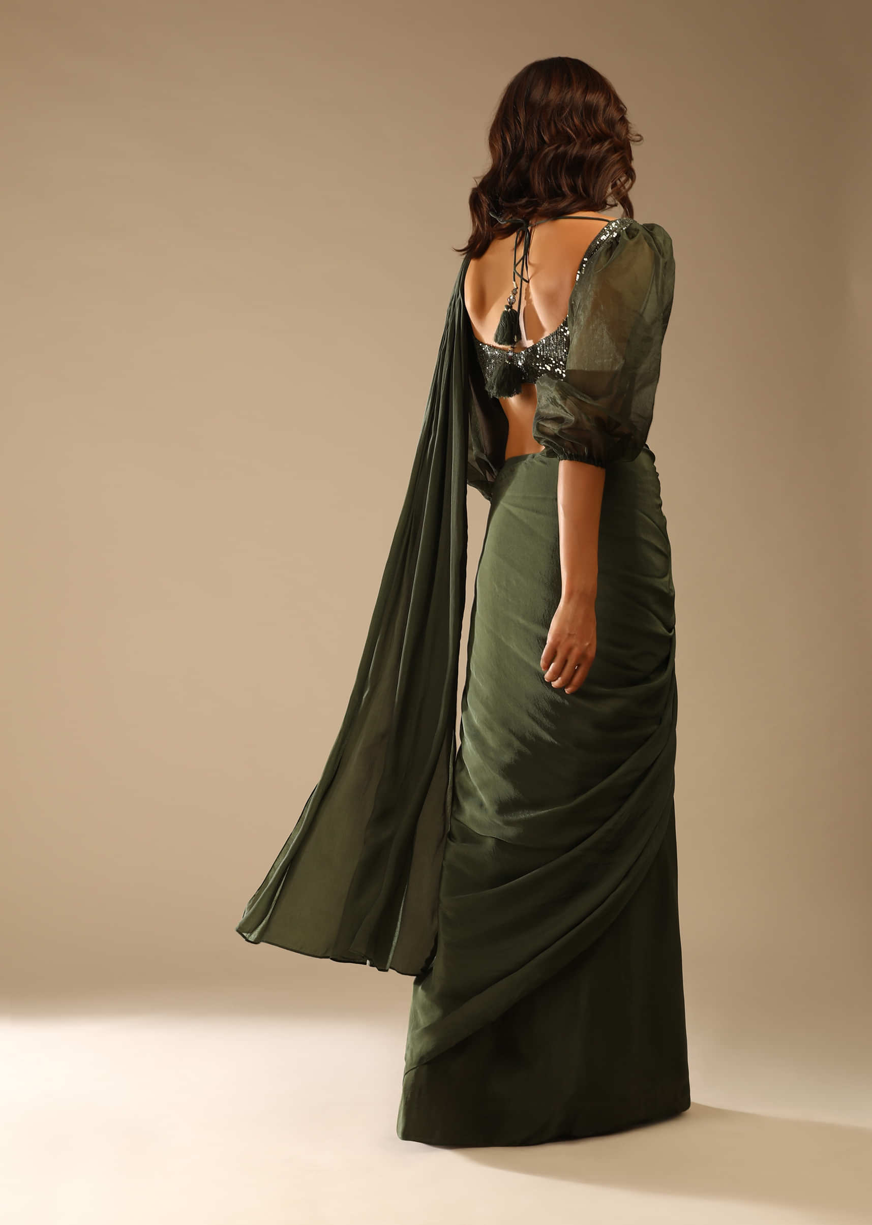 Henna Green Ready Pleated Saree In Crepe With Moti Embroidered Belt And Balloon Sleeves Blouse
