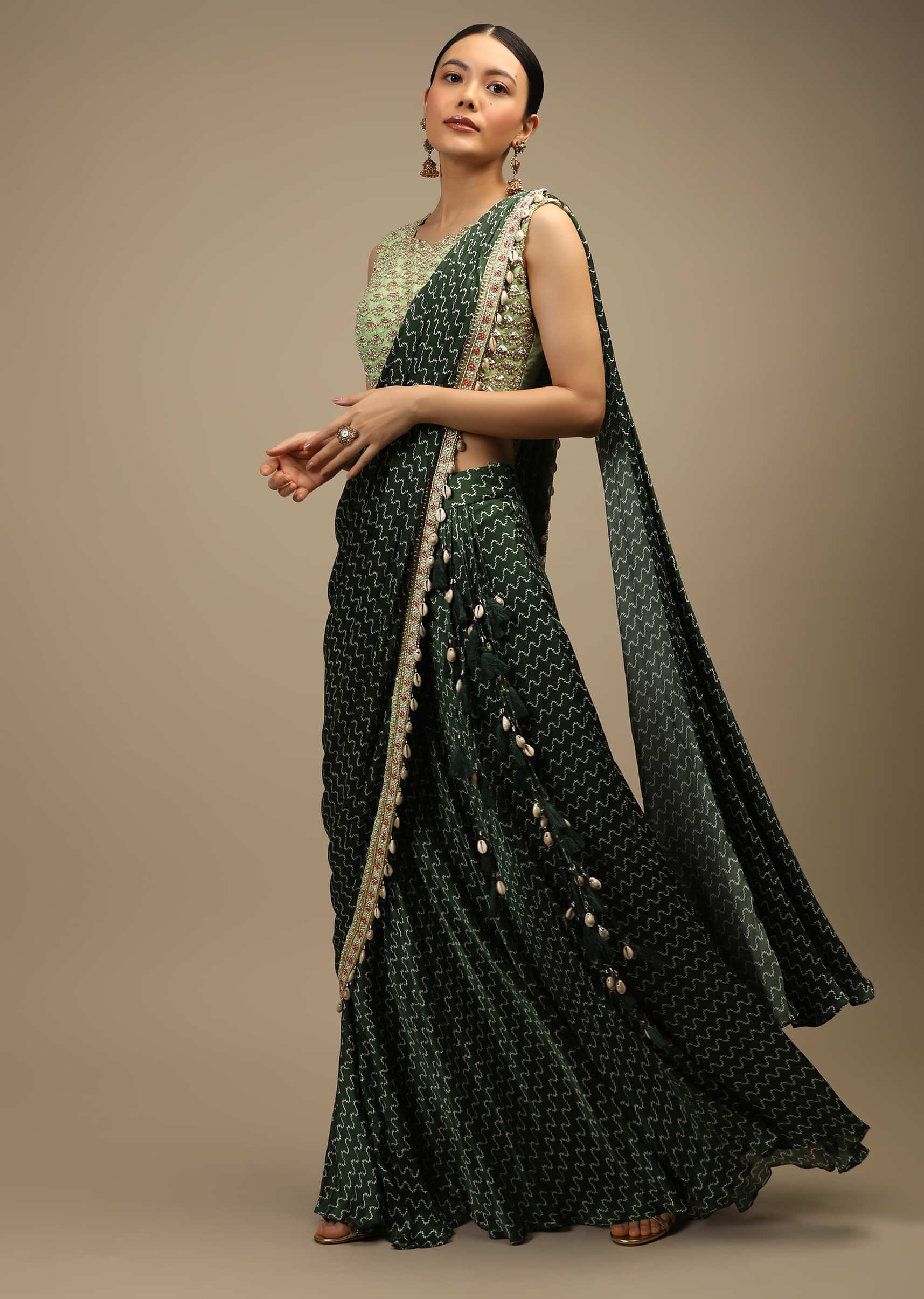 Henna Green Ready Pleated Saree In Satin With Geometric Print And Sequins Embroidered Pastel Green Crop Top  