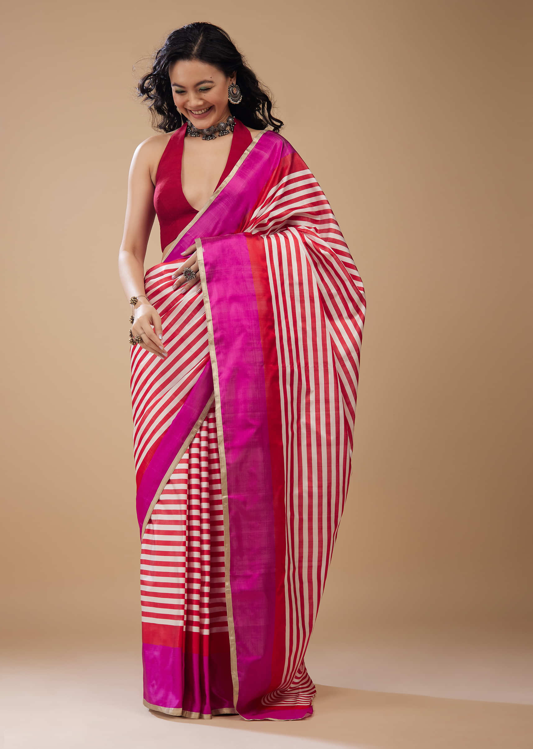 Fiery Red Printed Satin Saree With Dual Tone Stripes