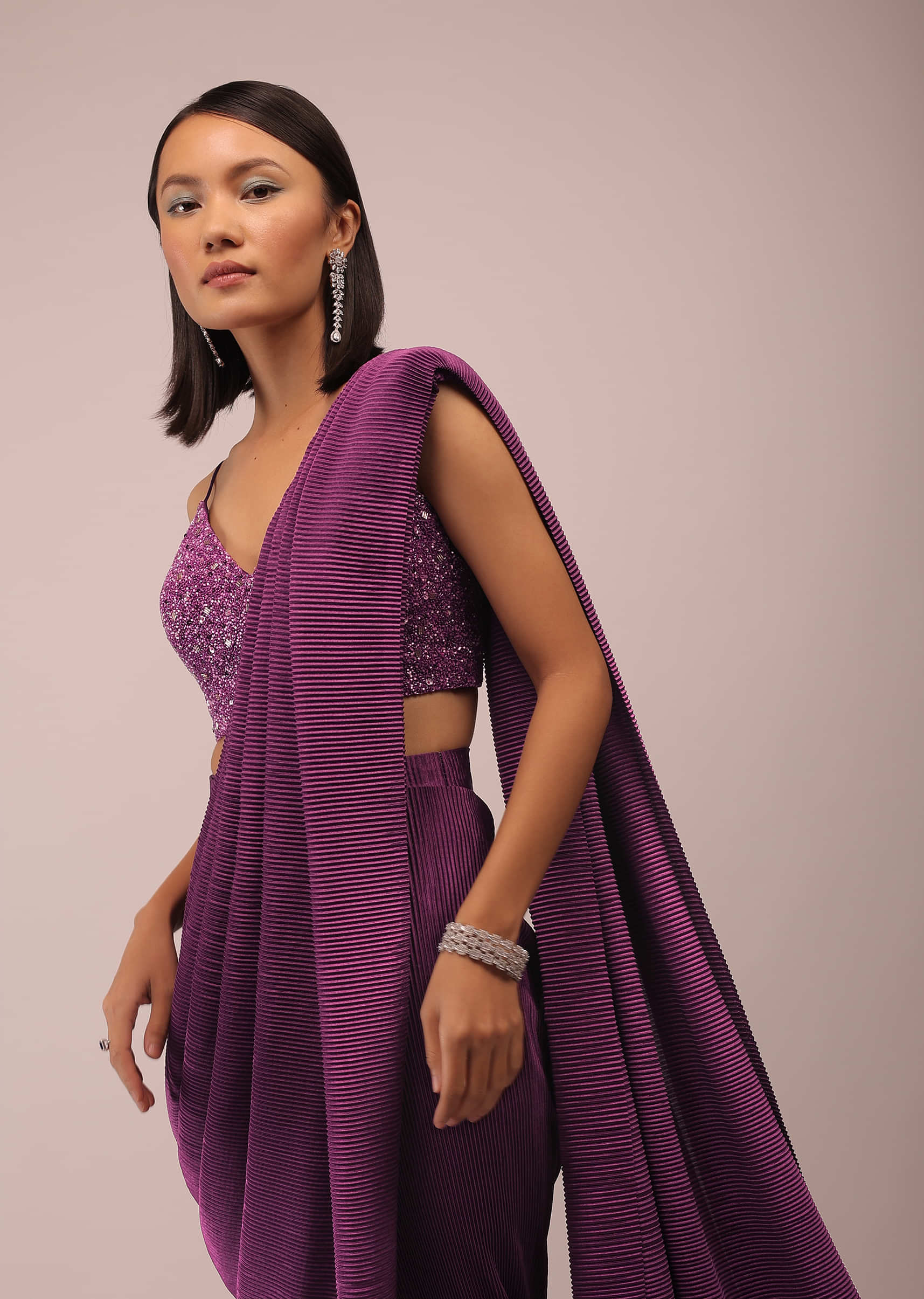 Hollyhock Purple Ready Pleated Saree With A Spaghetti Straps Crop Top In Sequins Embroidery