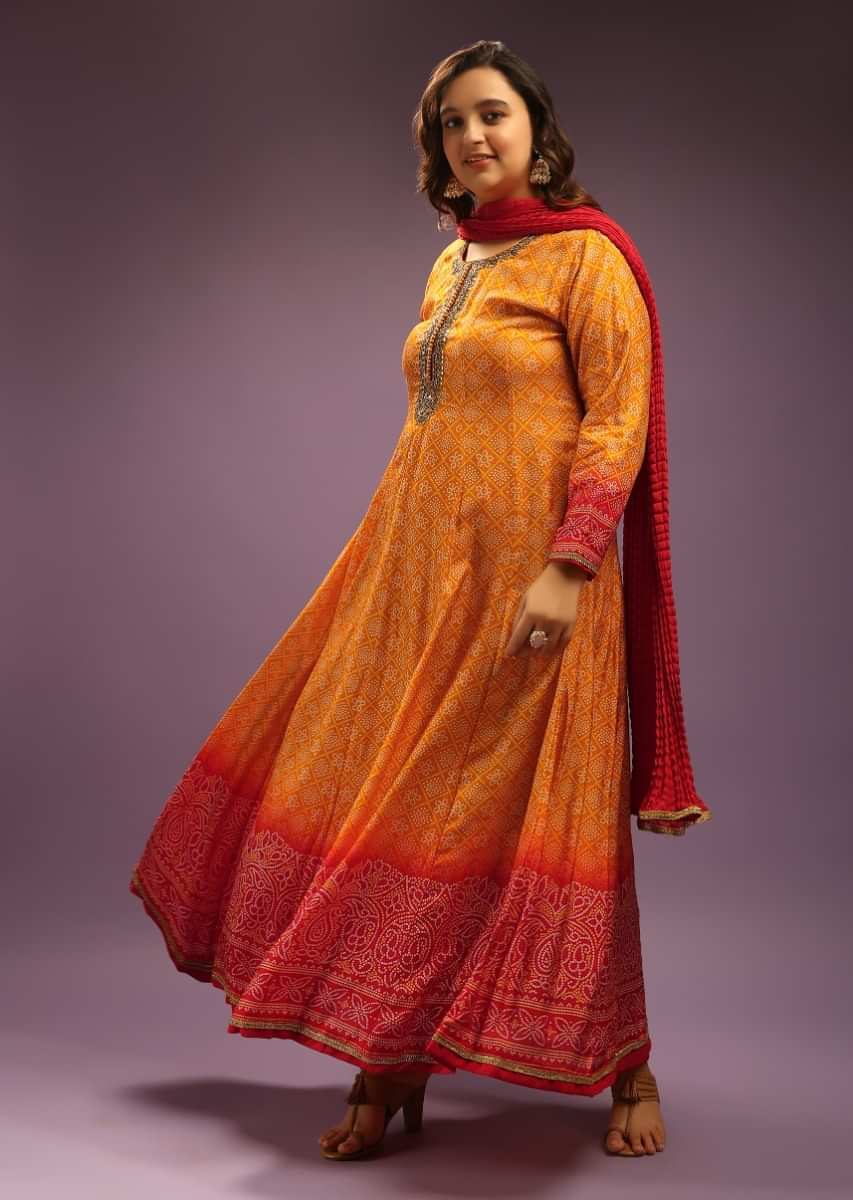 Honey Orange And Red Ombre Anarkali Suit In Cotton Silk With Bandhani Design And Gotta Patti Embroidered Placket  
