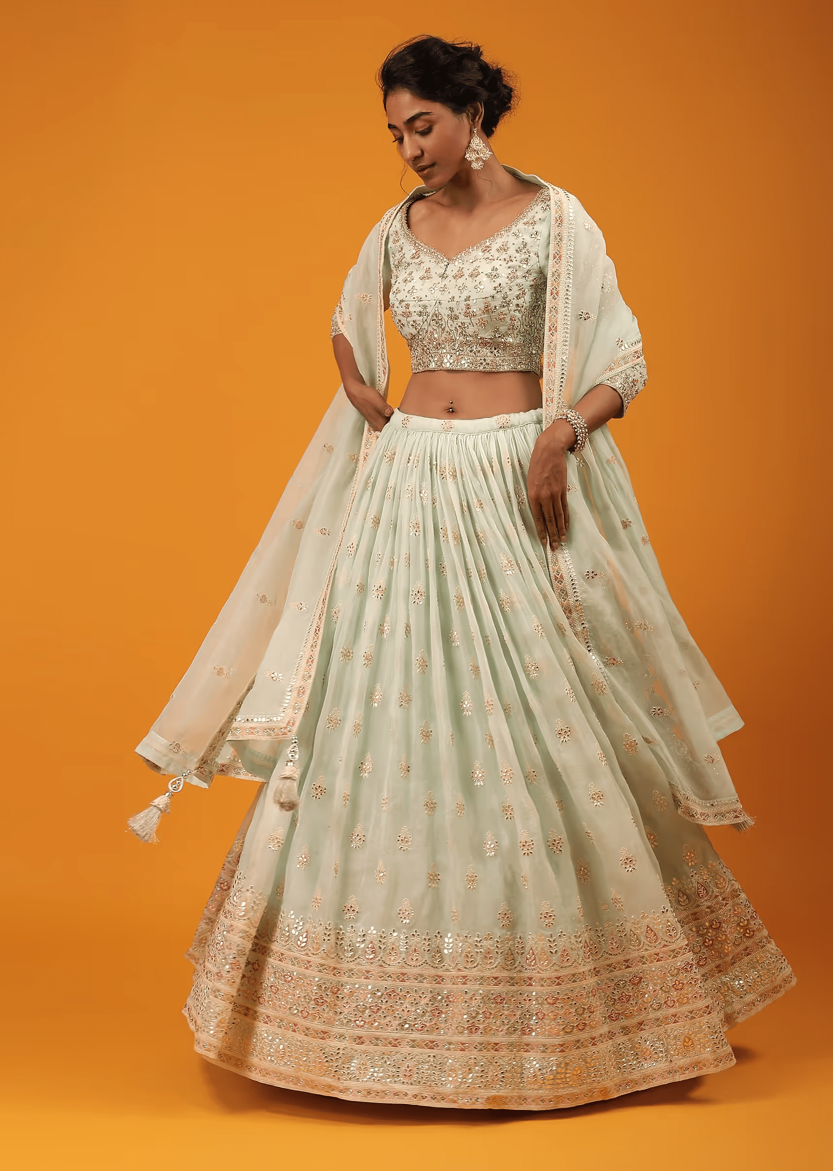 Honeydew Green Lehenga And Crop Top With Multi Colored Lucknowi Work In Floral Pattern