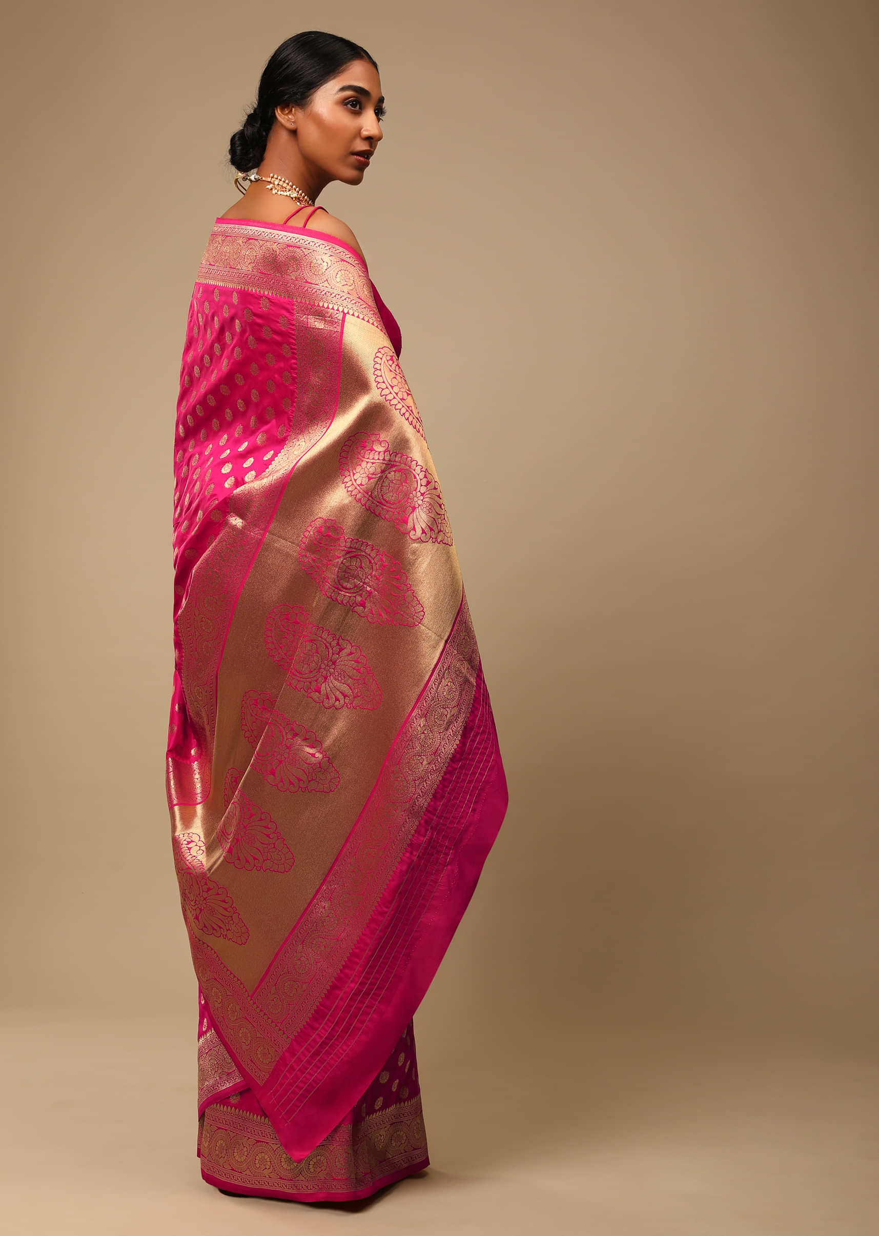 Hot Pink Saree In Art Handloom Silk With Woven Floral Buttis, Paisley Motifs On The Pallu And Unstitched Blouse  