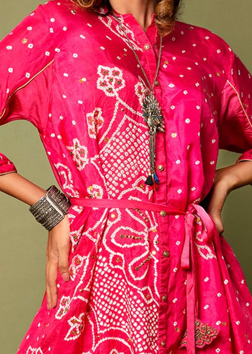 Hot Pink Shirt And Palazzo Set With Mandala Real Bandhani And Hand Embroidered Using Antique Sequins And Beads  