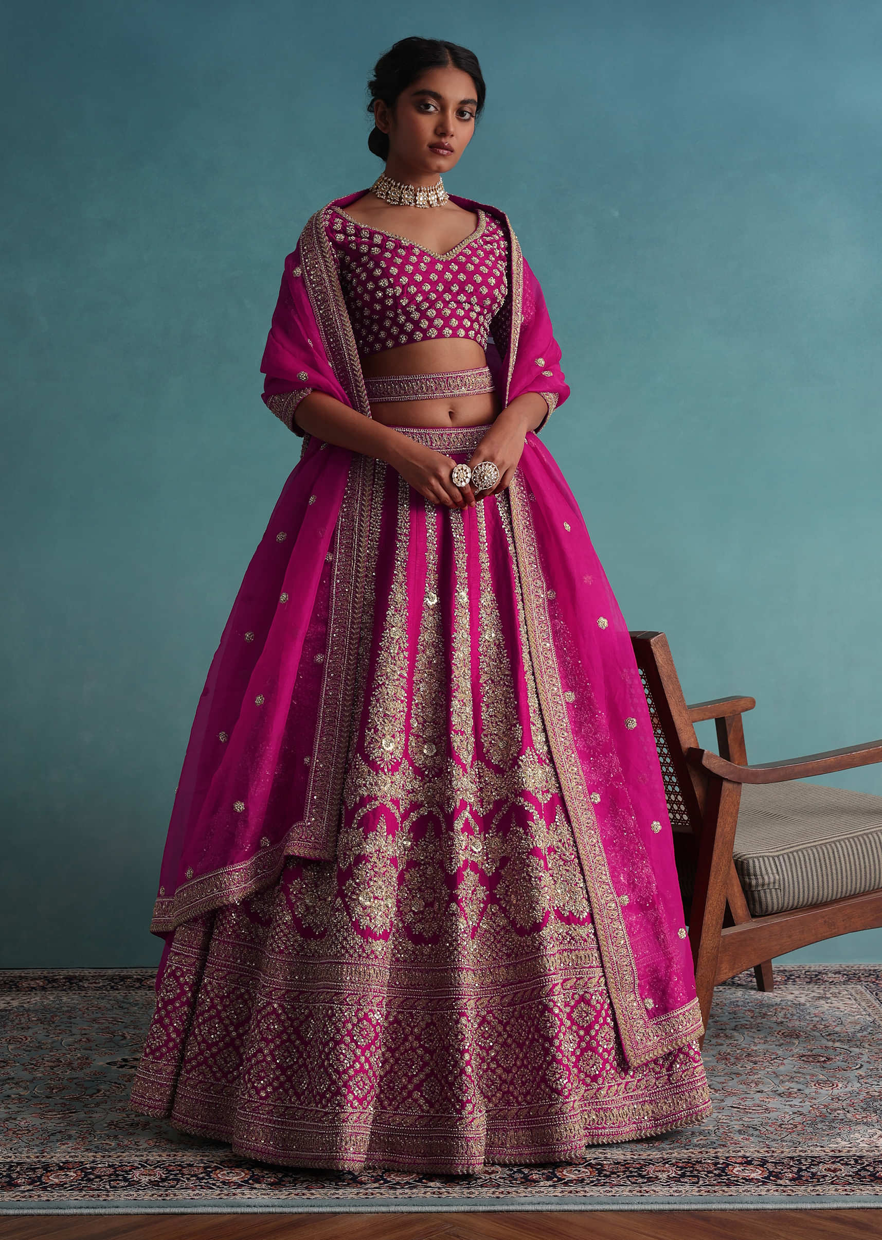 Hot Pink 14 Kali Embroidered Bridal Lehenga In Raw Silk With Embroidered Belt 