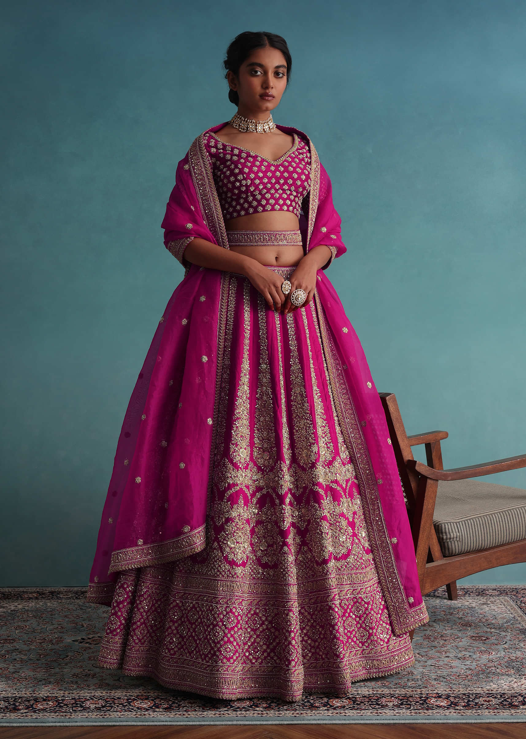 Hot Pink 14 Kali Embroidered Bridal Lehenga In Raw Silk With Embroidered Belt 