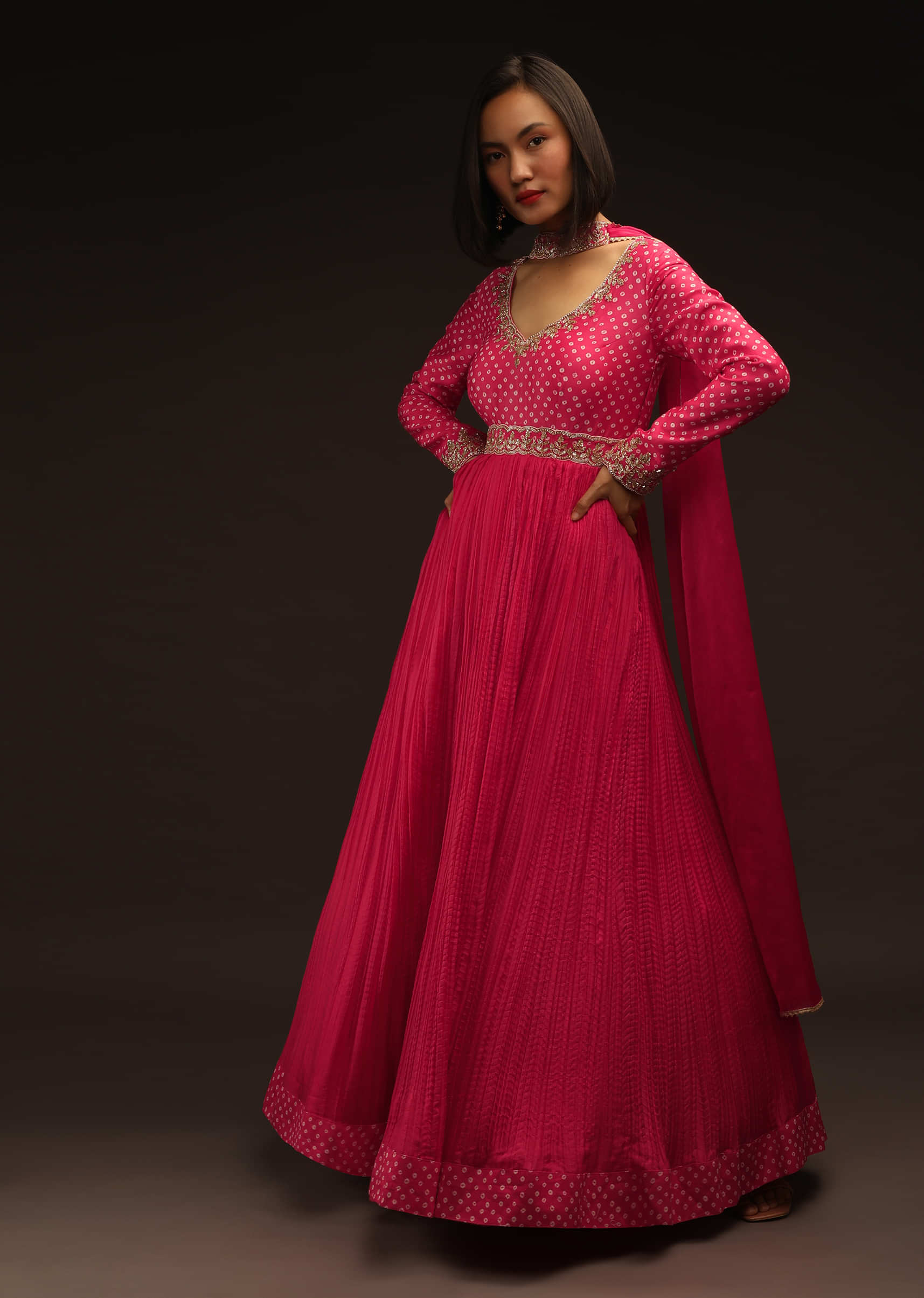 Hot Pink Anarkali Suit In Crushed Chiffon With Bandhani Print And Full Sleeves