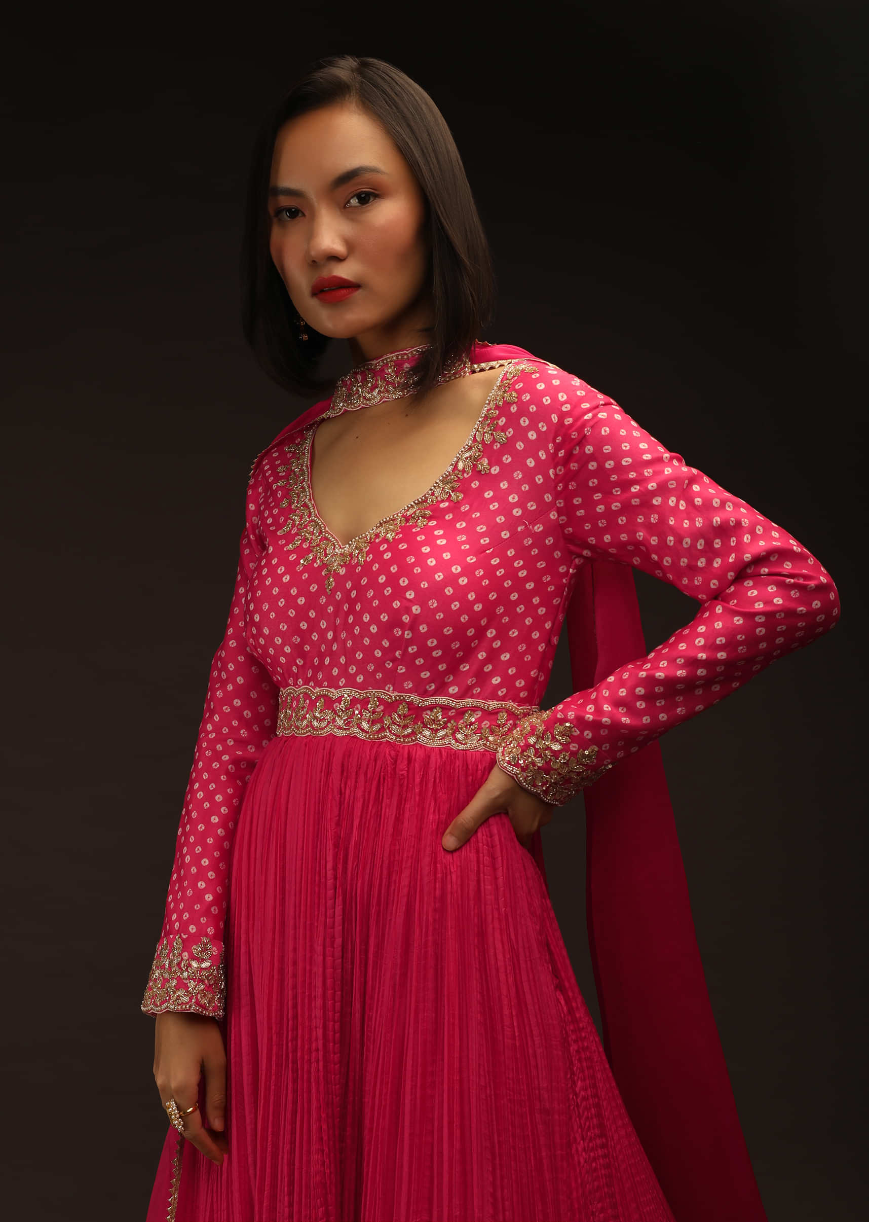 Hot Pink Anarkali Suit In Crushed Chiffon With Bandhani Print And Full Sleeves