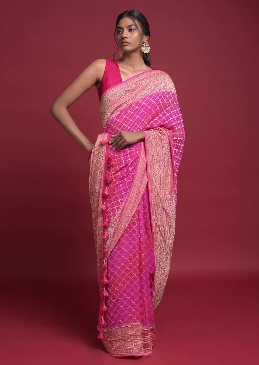 Hot Pink And Magenta Shaded Saree In Georgette With Weaved Geometric Jaal  