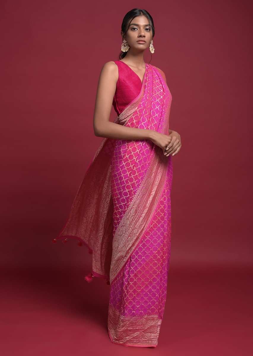 Hot Pink And Magenta Shaded Saree In Georgette With Weaved Geometric Jaal  