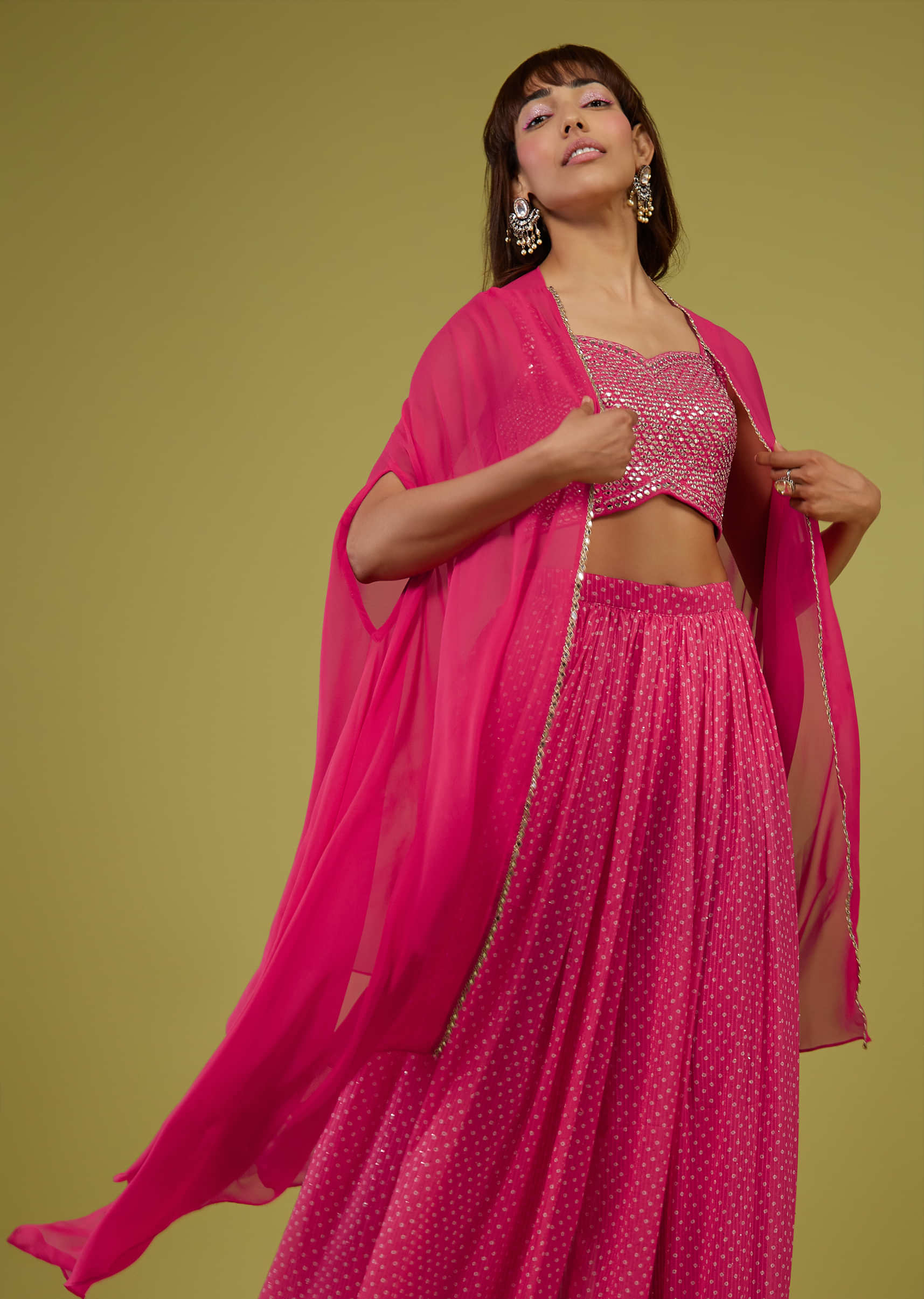 Hot Pink Bandhani Print Palazzo Set In Georgette With Mirror Work