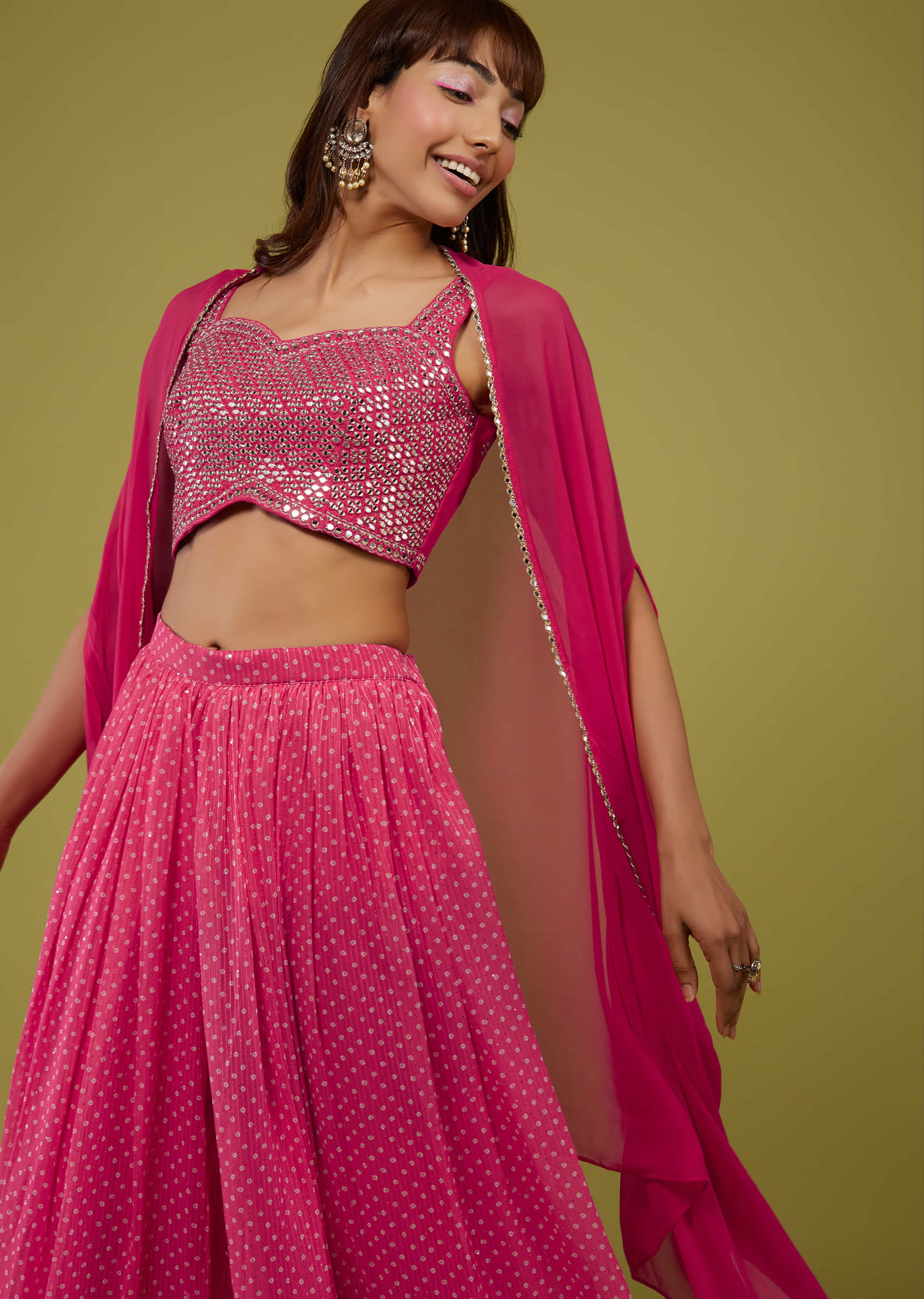 Hot Pink Bandhani Print Palazzo Set In Georgette With Mirror Work