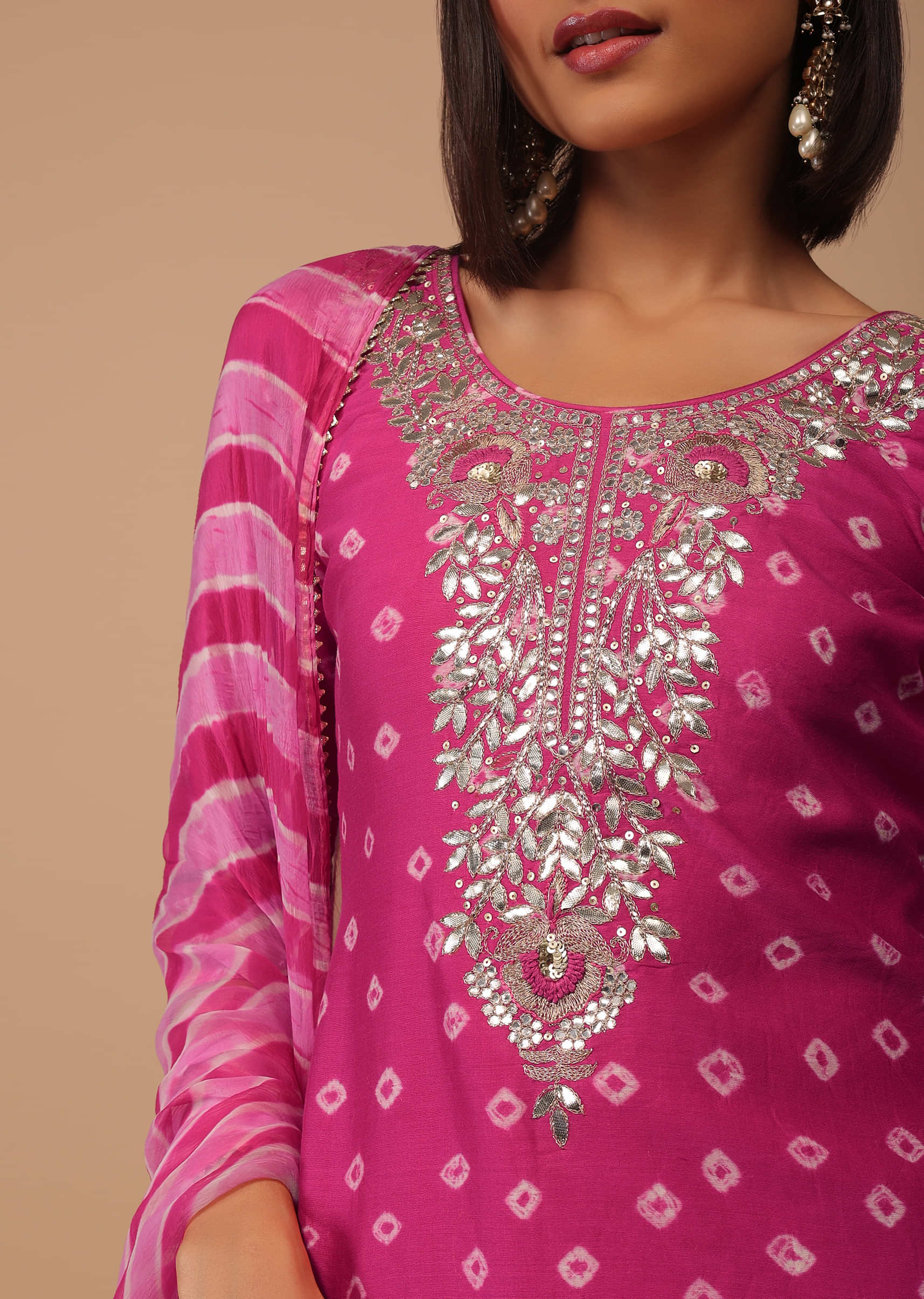 Hot Pink Embroidered Bandhani Printed Chanderi Palazzo Suit With Leheriya Dupatta
