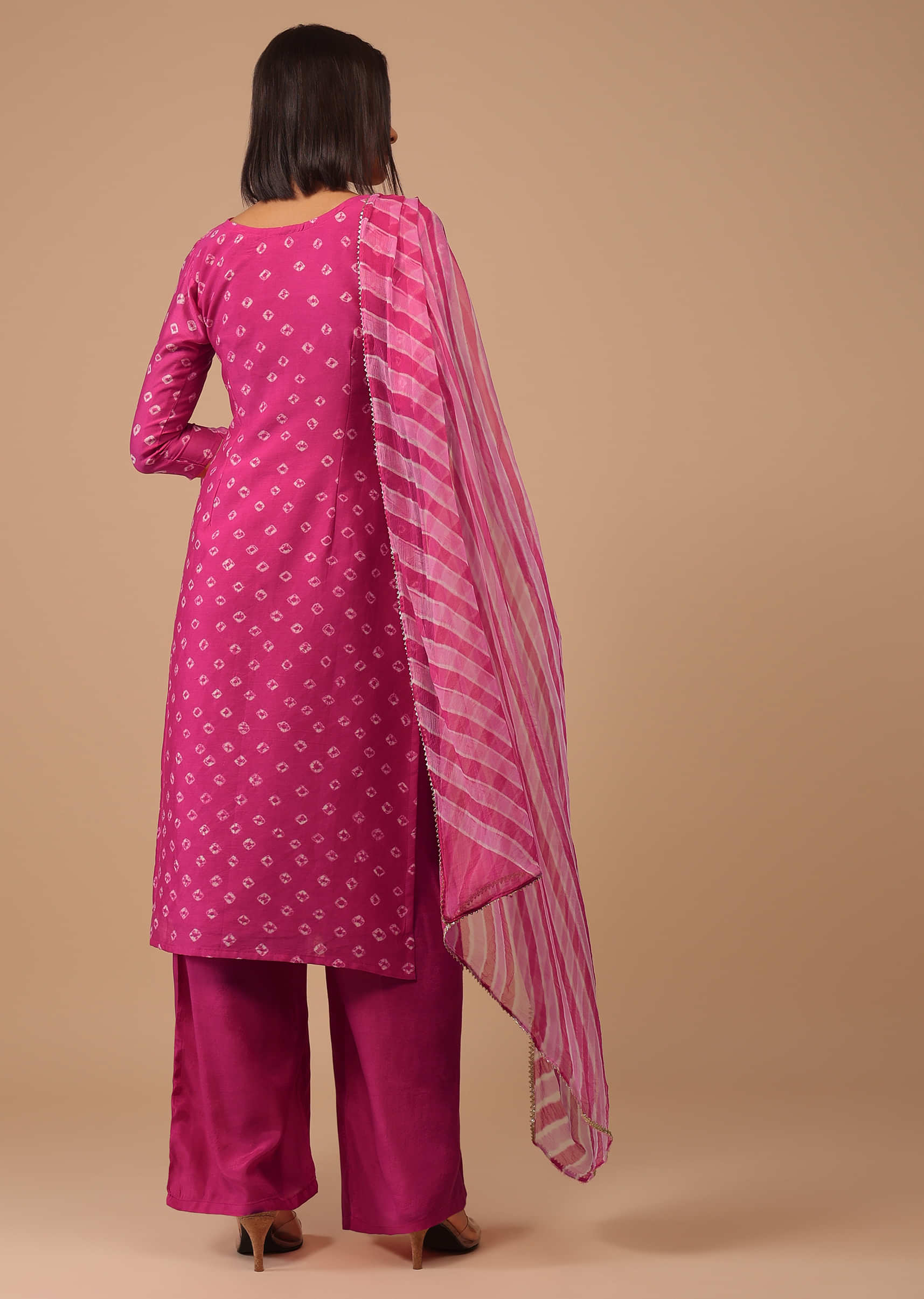 Hot Pink Embroidered Bandhani Printed Chanderi Palazzo Suit With Leheriya Dupatta