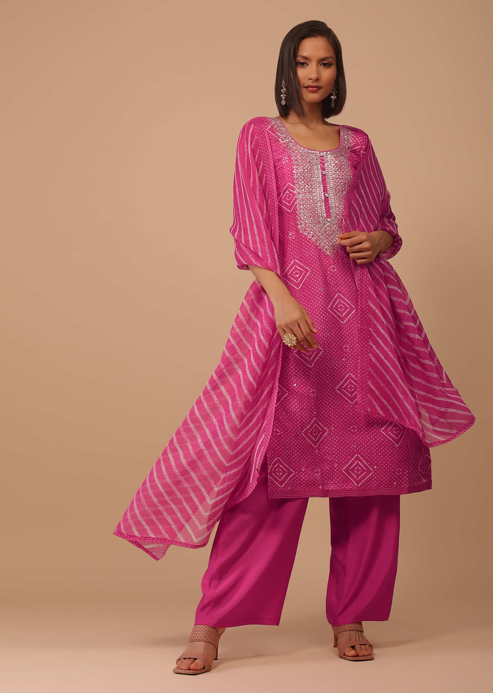 Hot Pink Embroidered Bandhani Printed Cotton Palazzo Suit With Leheriya Dupatta