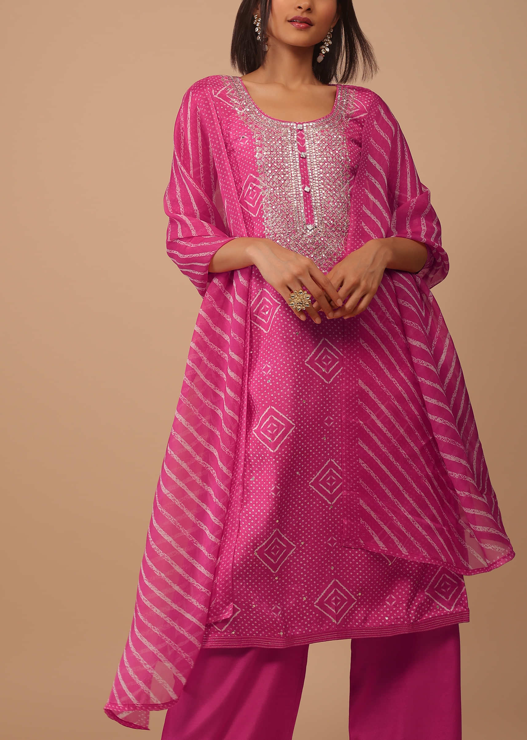 Hot Pink Embroidered Bandhani Printed Cotton Palazzo Suit With Leheriya Dupatta