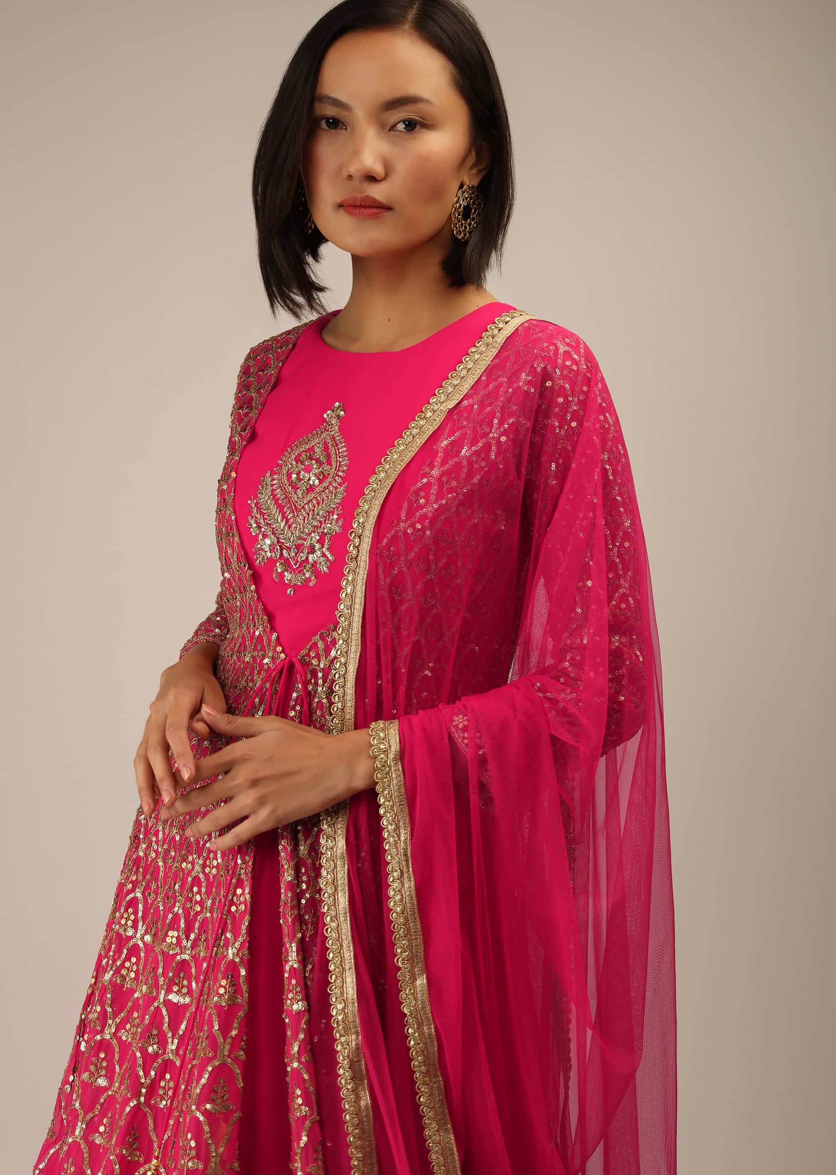 Hot Pink Floor Length Jacket Suit With Zari And Sequins Embroidered Moroccan Jaal