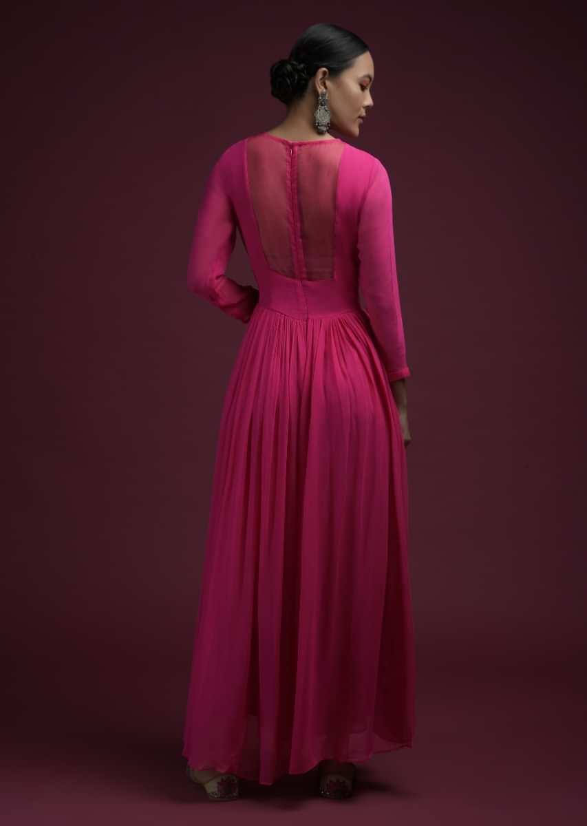 Hot Pink Jumpsuit In Georgette With Heavily Embroidered Bodice In Mirror Abla Work  