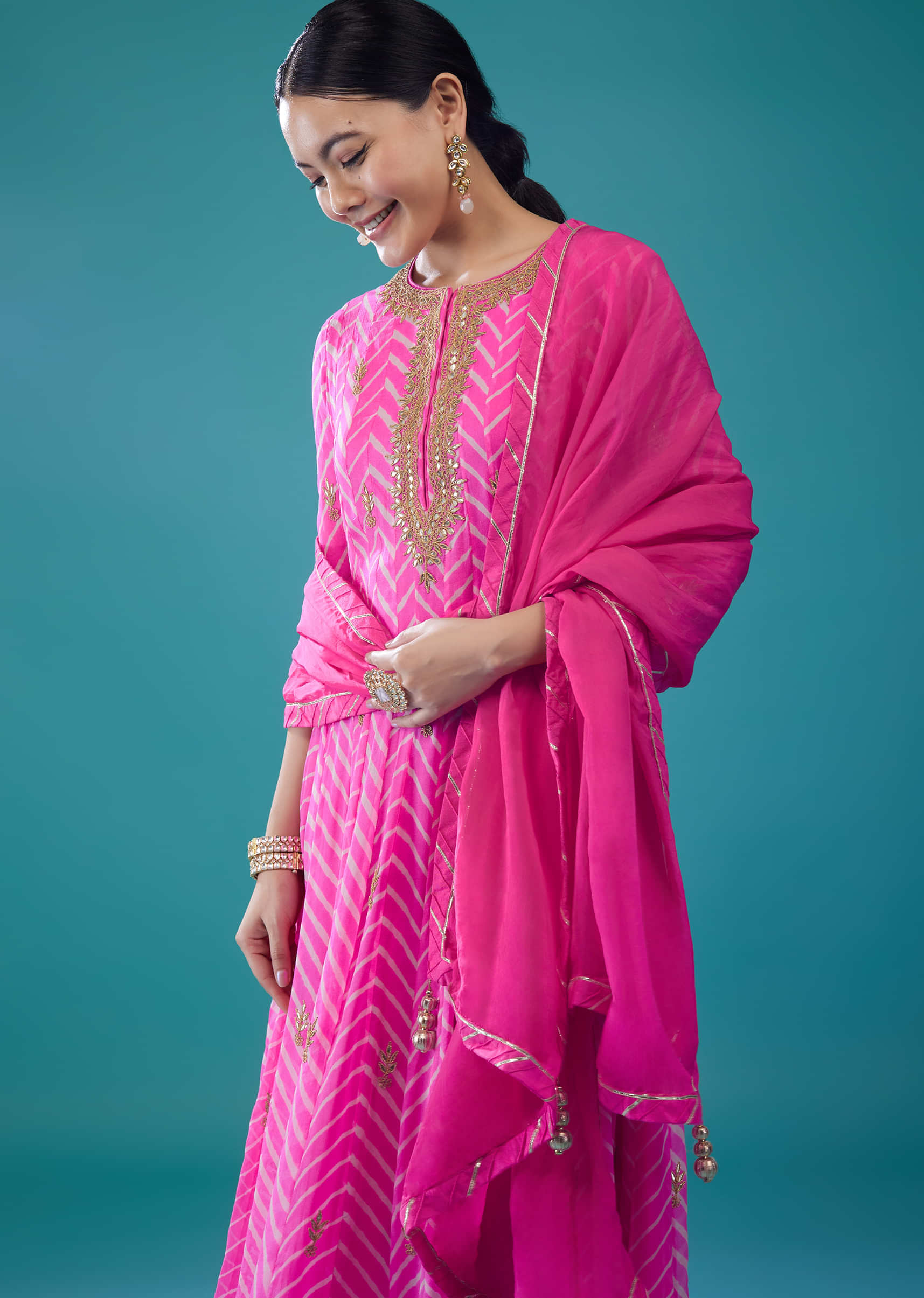 Hot Pink Leheriya Printed Anarkali Suit In Georgette
