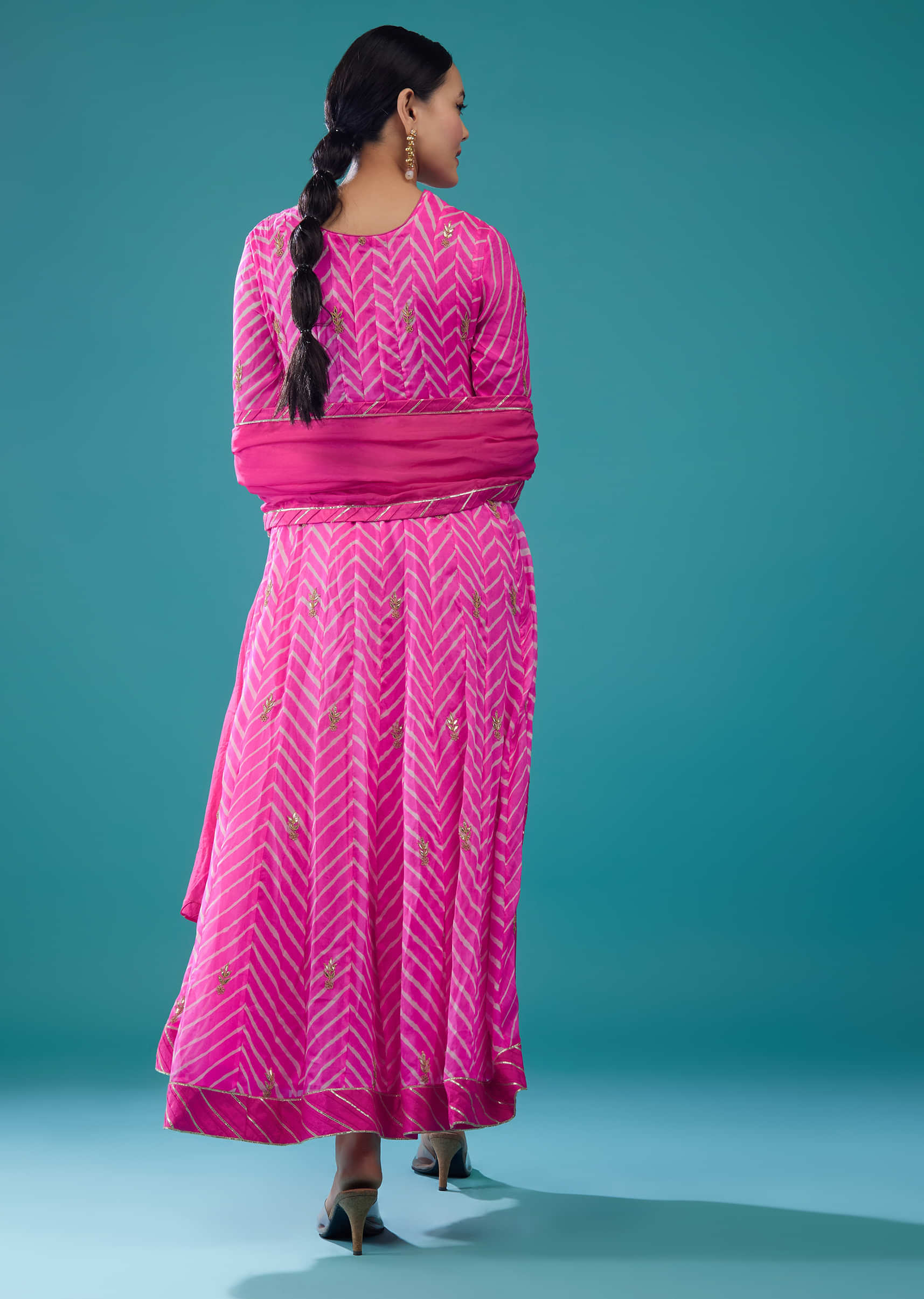 Hot Pink Leheriya Printed Anarkali Suit In Georgette