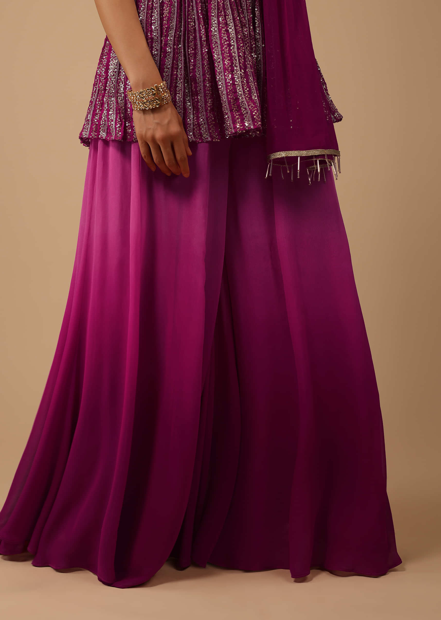 Hot Pink Ombre Palazzo Suit Set In Georgette With Sequins Work