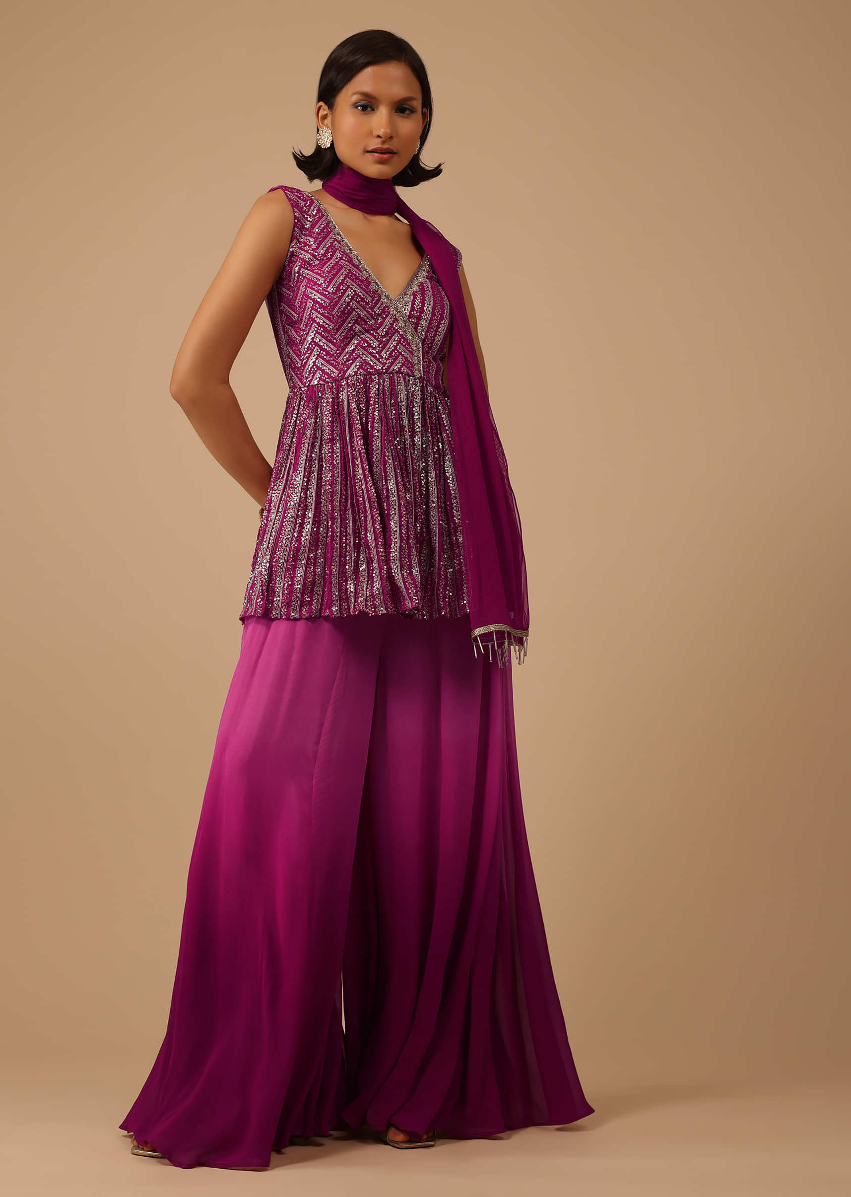 Hot Pink Ombre Palazzo Suit Set In Georgette With Sequins Work