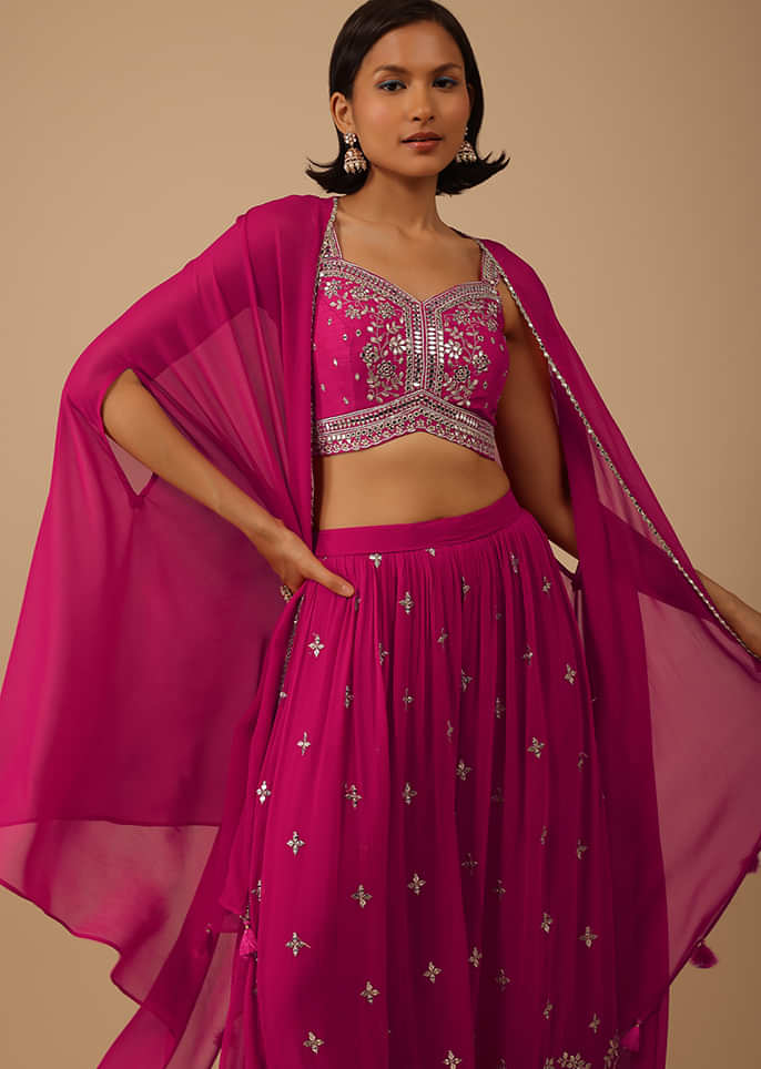 Hot Pink Palazzo Suit In Georgette Adorned With Mirror And Sequins Embroidery