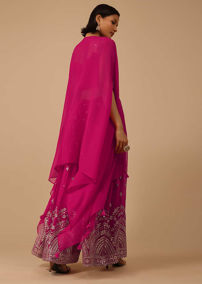 Hot Pink Palazzo Suit In Georgette Adorned With Mirror And Sequins Embroidery