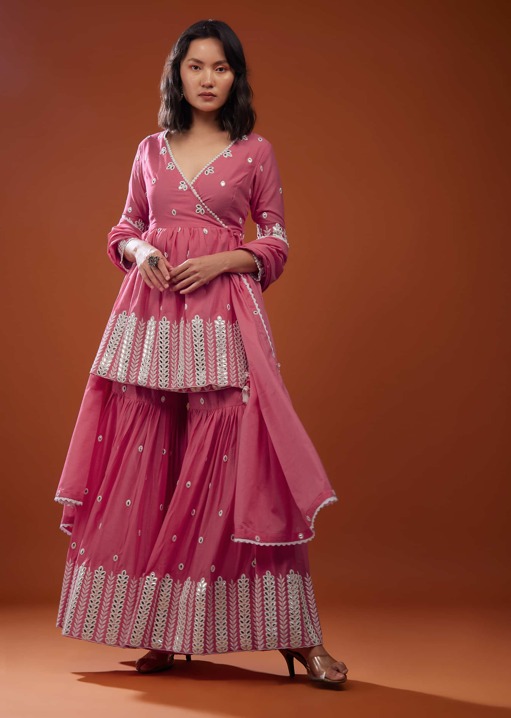 Rouge Pink Sharara Suit Set With Angarakha Top