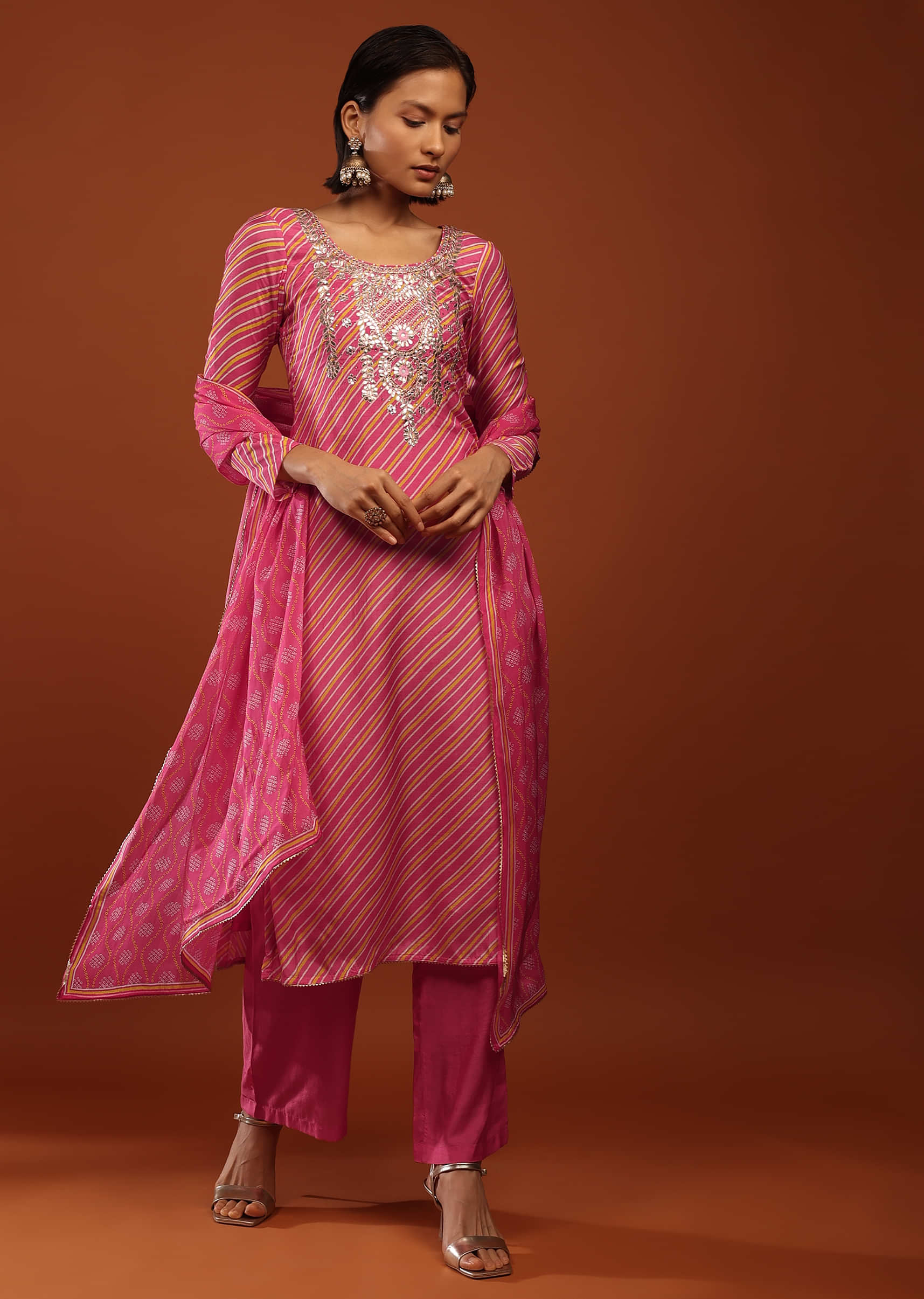 Rouge Pink Straight Cut Palazzo Suit With Lehariya Print And Gota Embrodiery