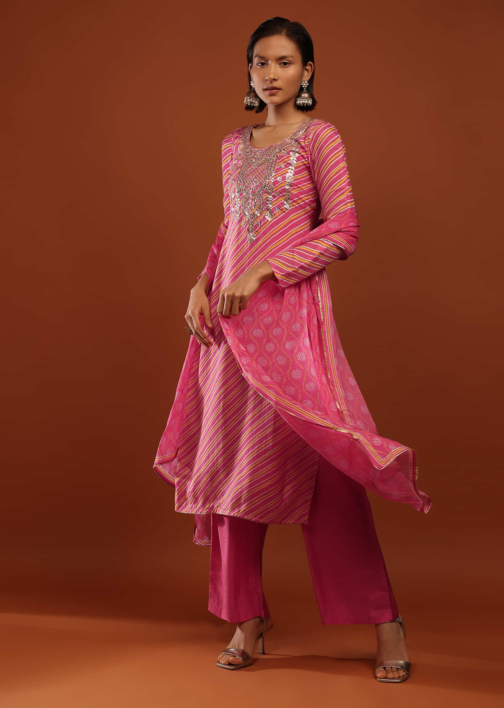 Rouge Pink Straight Cut Palazzo Suit With Lehariya Print And Gota Embrodiery