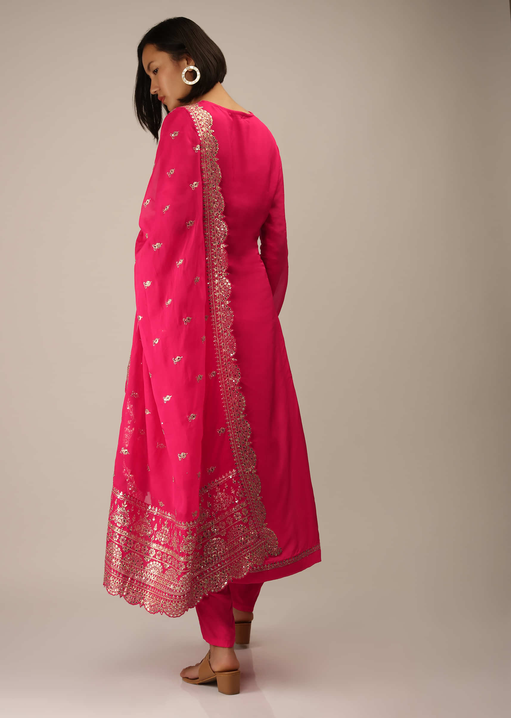 Hot Pink Straight Cut Suit In Organza Silk With Zari And Mirror Work And Full Sleeves