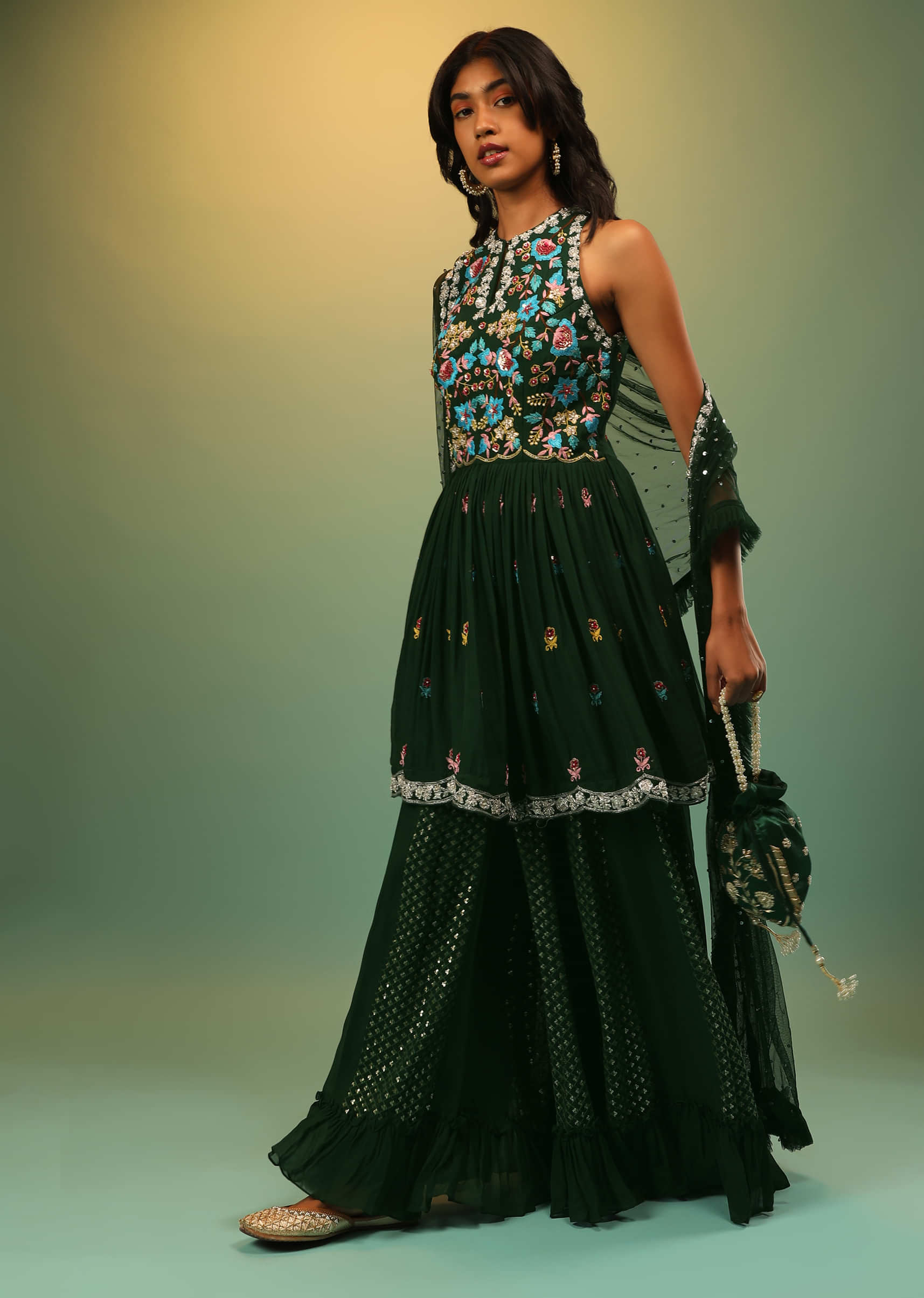 Hunter Green Palazzo And Peplum Suit With Multi Colored Resham Embroidered Floral Design  