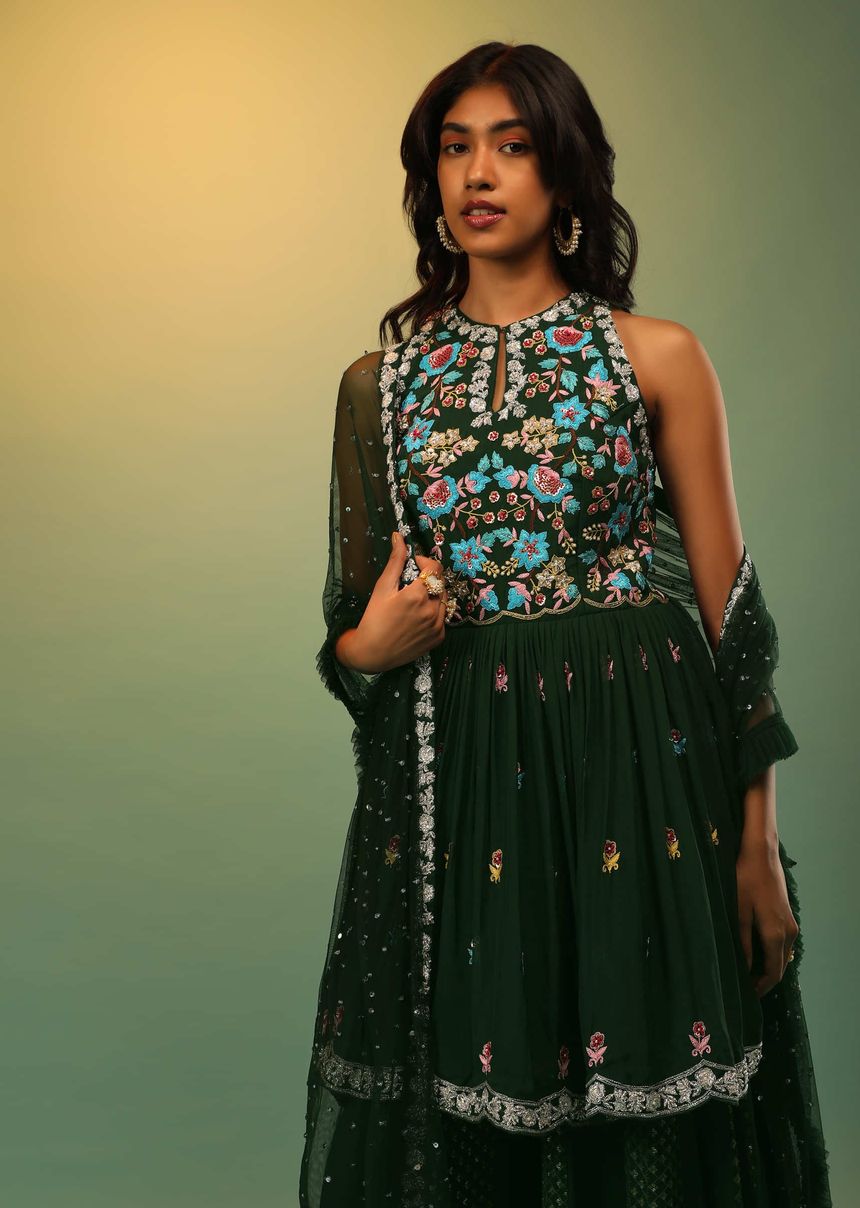 Hunter Green Palazzo And Peplum Suit With Multi Colored Resham Embroidered Floral Design  