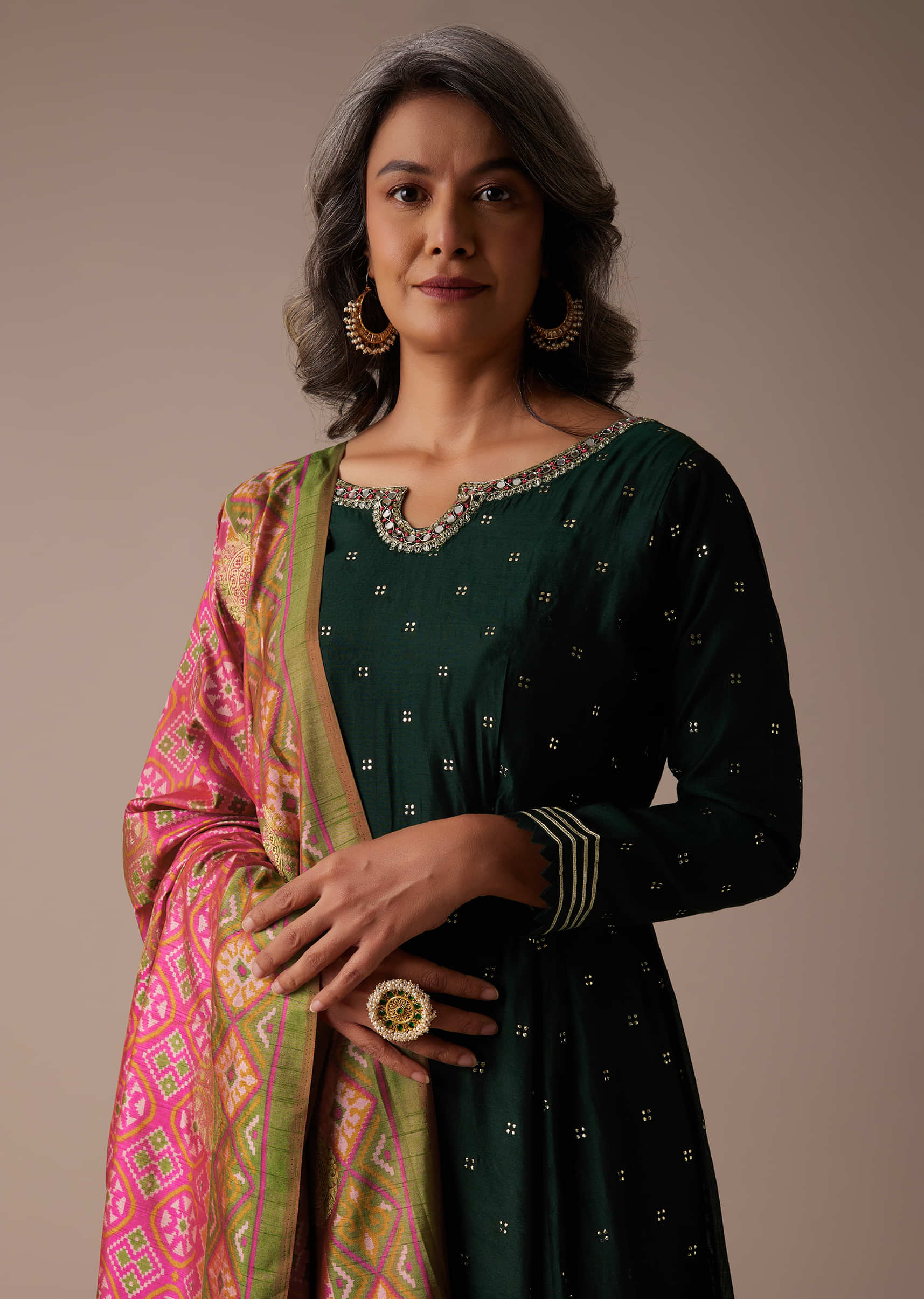 Hunter Green Anarkali Suit In Silk With Badla Buttis And Patola Printed Silk Dupatta  