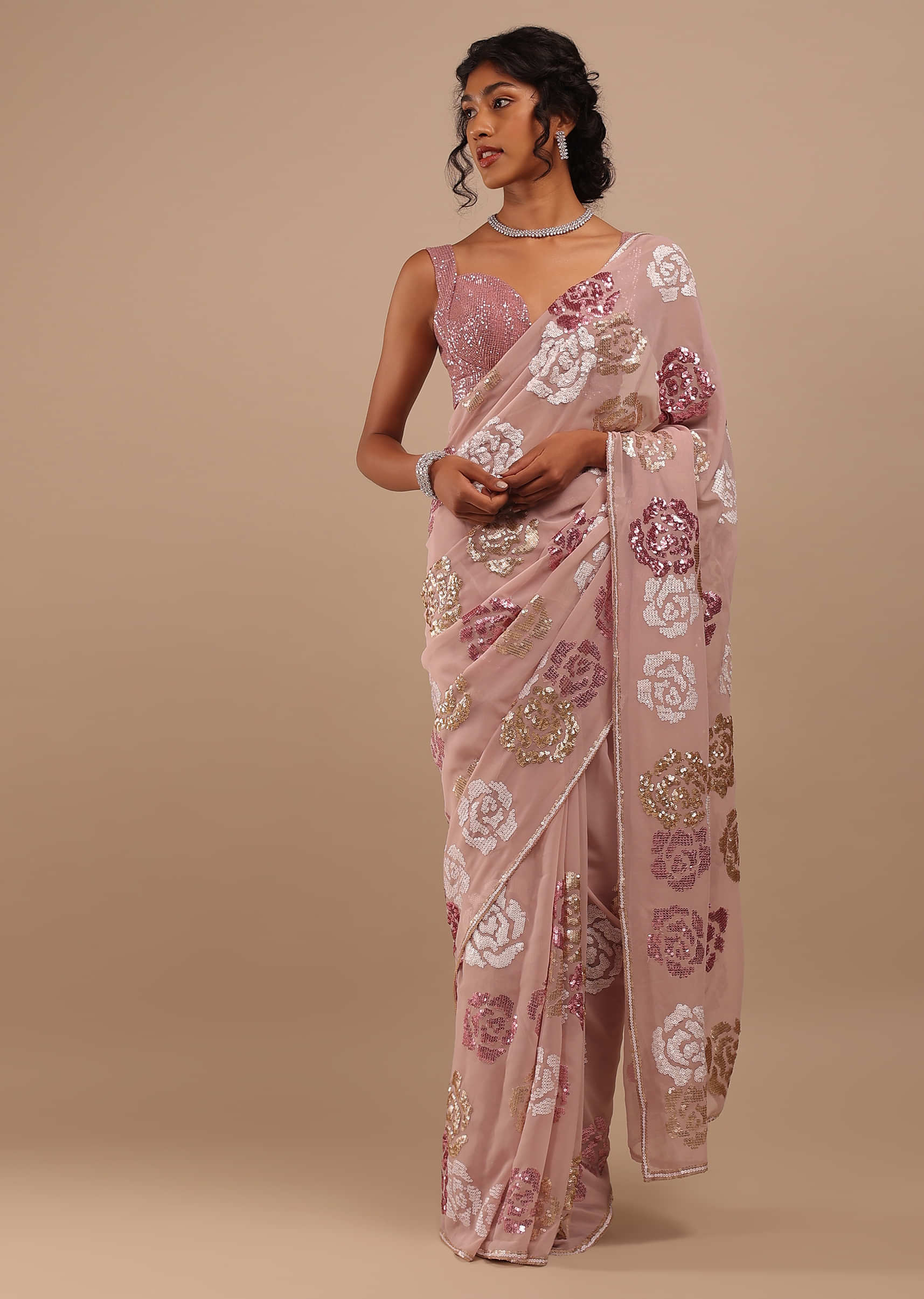 Hushed Lilac Multi-Color Sequins Saree In Floral Motifs Embroidery, Crafted In Chiffon With White And Gold Sequins On The Pallu Border