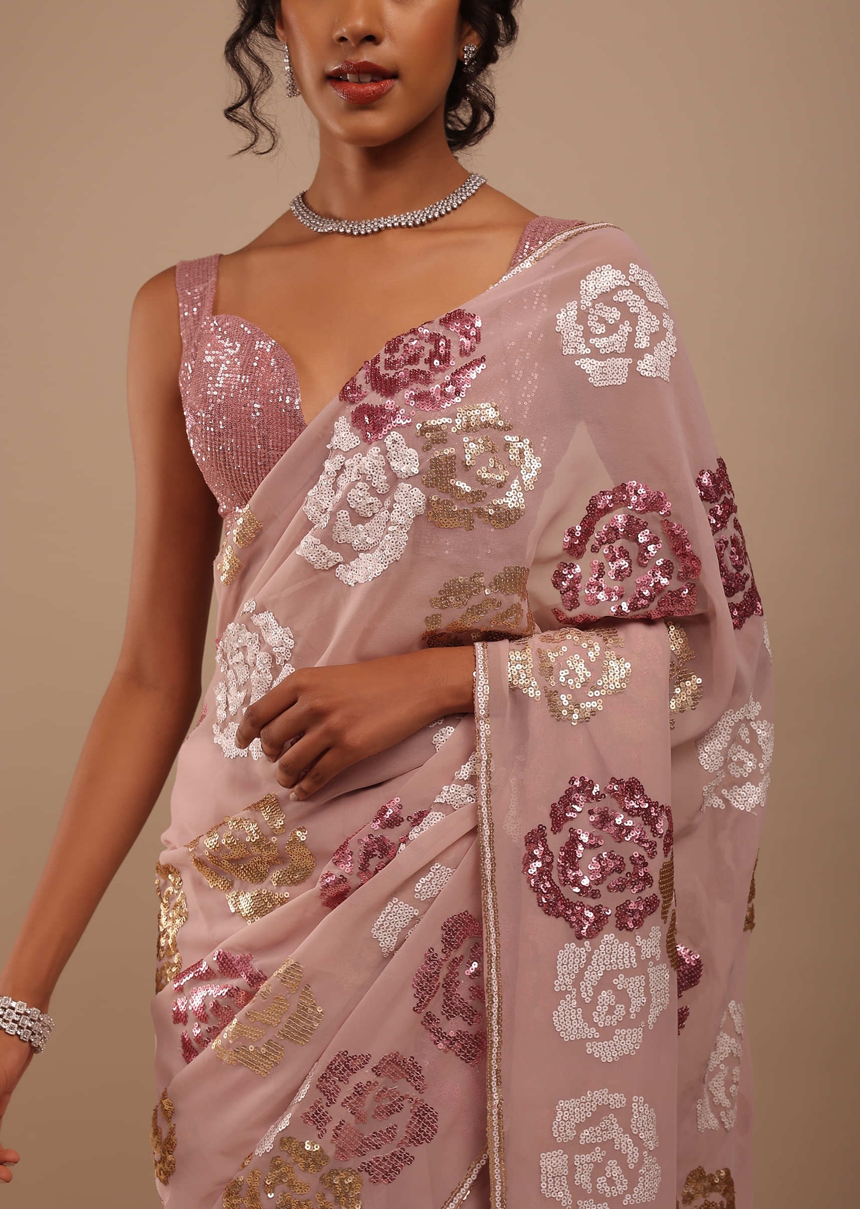 Hushed Lilac Multi-Color Sequins Saree In Floral Motifs Embroidery, Crafted In Chiffon With White And Gold Sequins On The Pallu Border