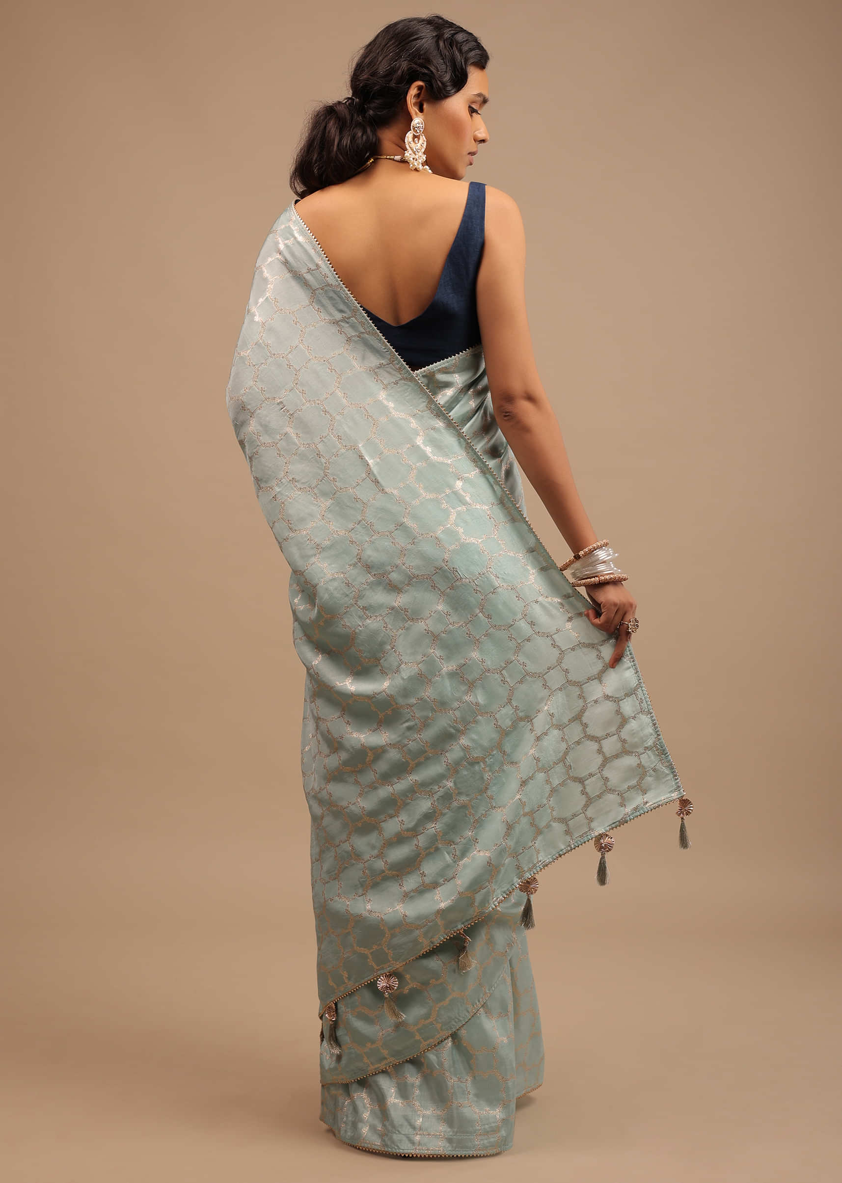 Powder Glass Green Saree In Dola Silk With Lurex Woven Moroccan Jaal And Unstitched Patola Blouse