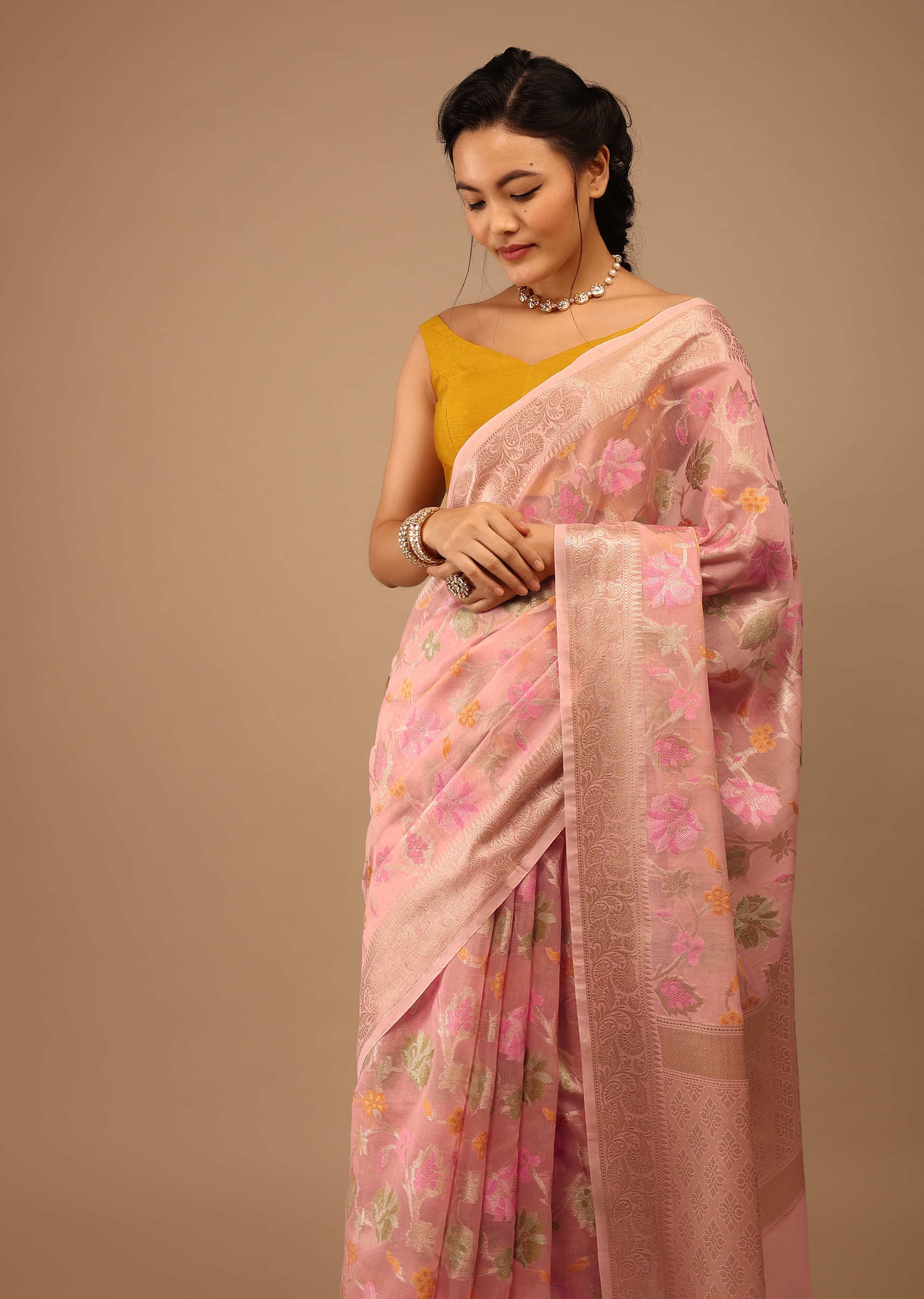 Blush Pink Saree In Banarsi Chanderi And Pure Handloom Cotton