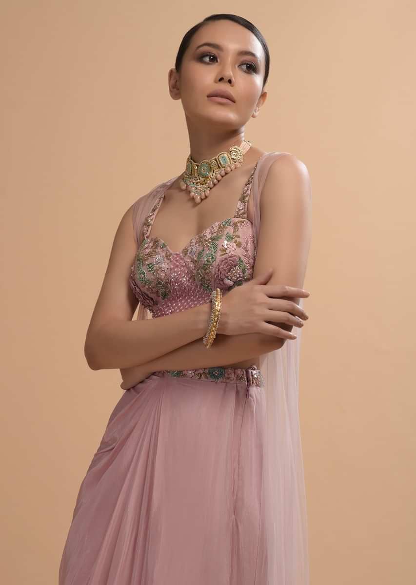 Icy Pink Draped Skirt And Crop Top Set With Long Jacket And 3D Flower Embroidery  