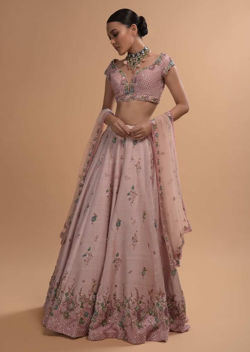 Icy Pink Lehenga Choli In Raw Silk With 3D Flowers And Beads Embroidery 