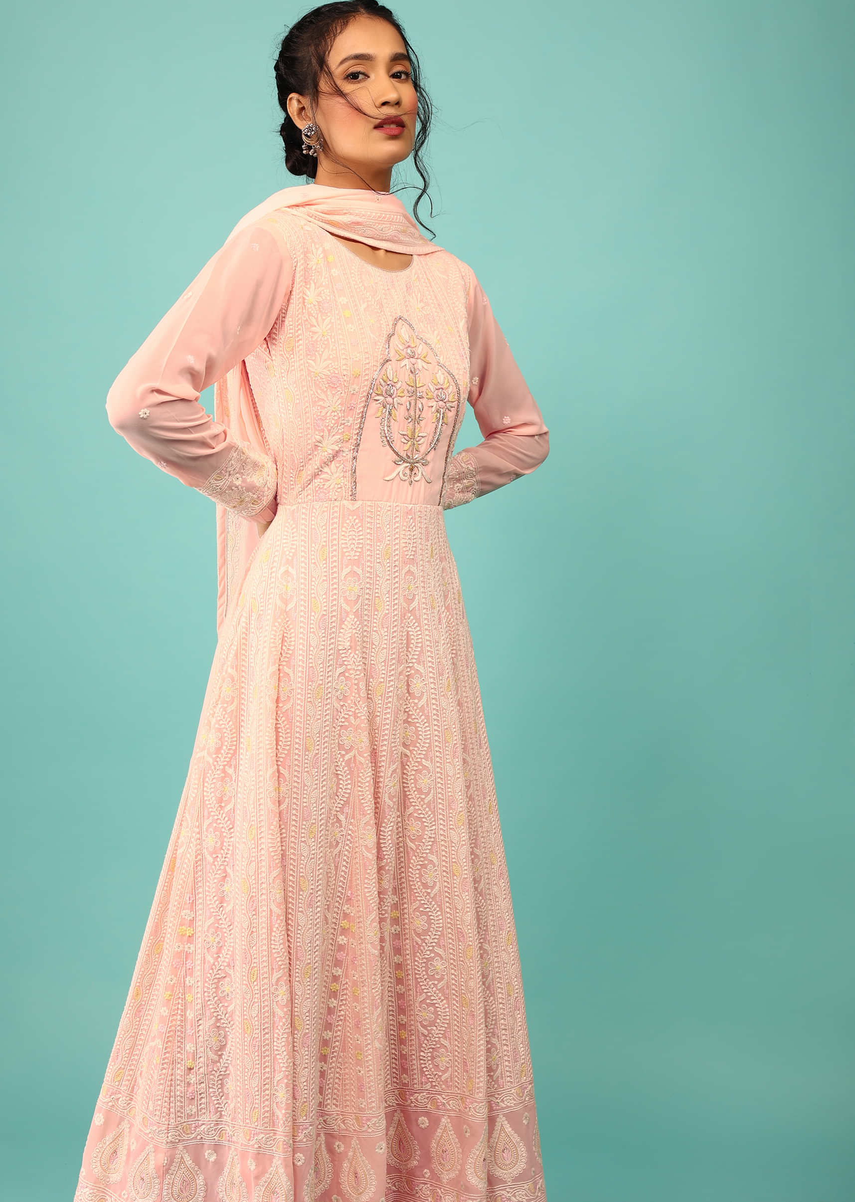 Candy Pink Anarkali Suit With Lucknowi Thread Work And Zardozi Embroidered Motif