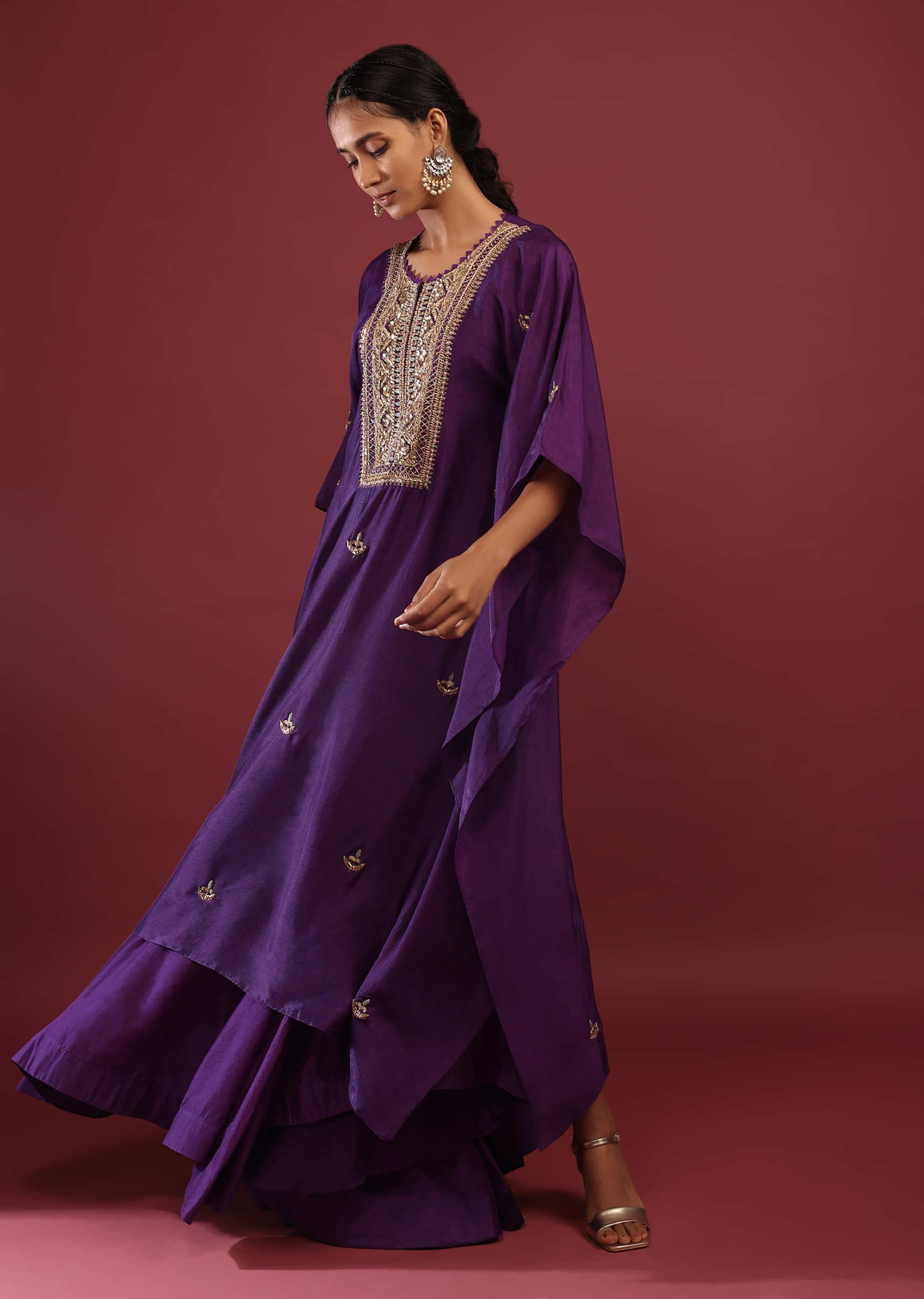 Mauve Purple Kaftan Suit With High Low Palazzo Pants And Zardosi Embroidered Yoke Design