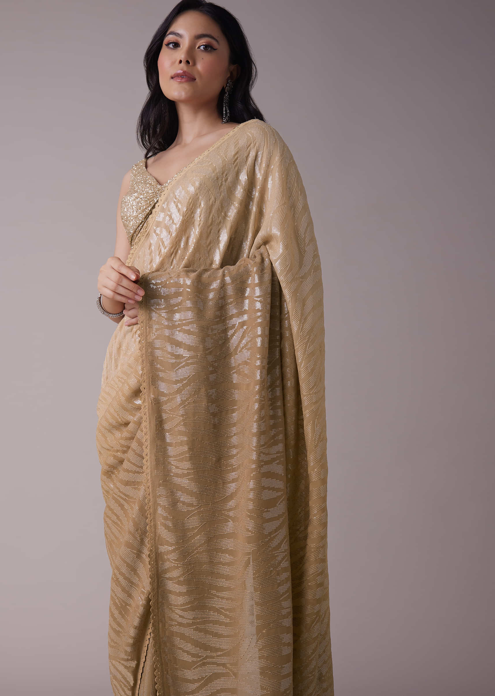Tan Gold Sequins Embroidered Saree In Georgette With Lacework On The Border