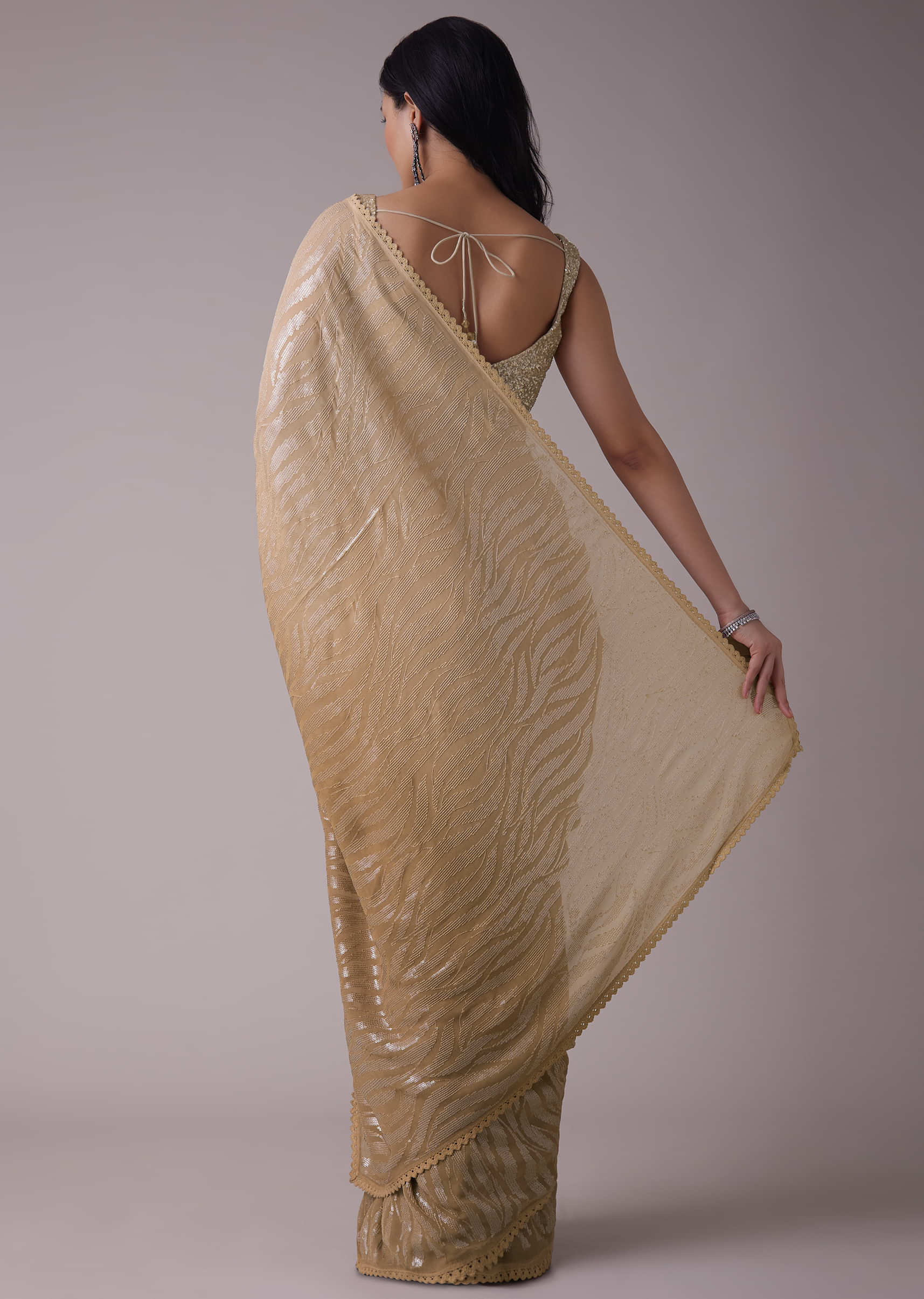 Tan Gold Sequins Embroidered Saree In Georgette With Lacework On The Border