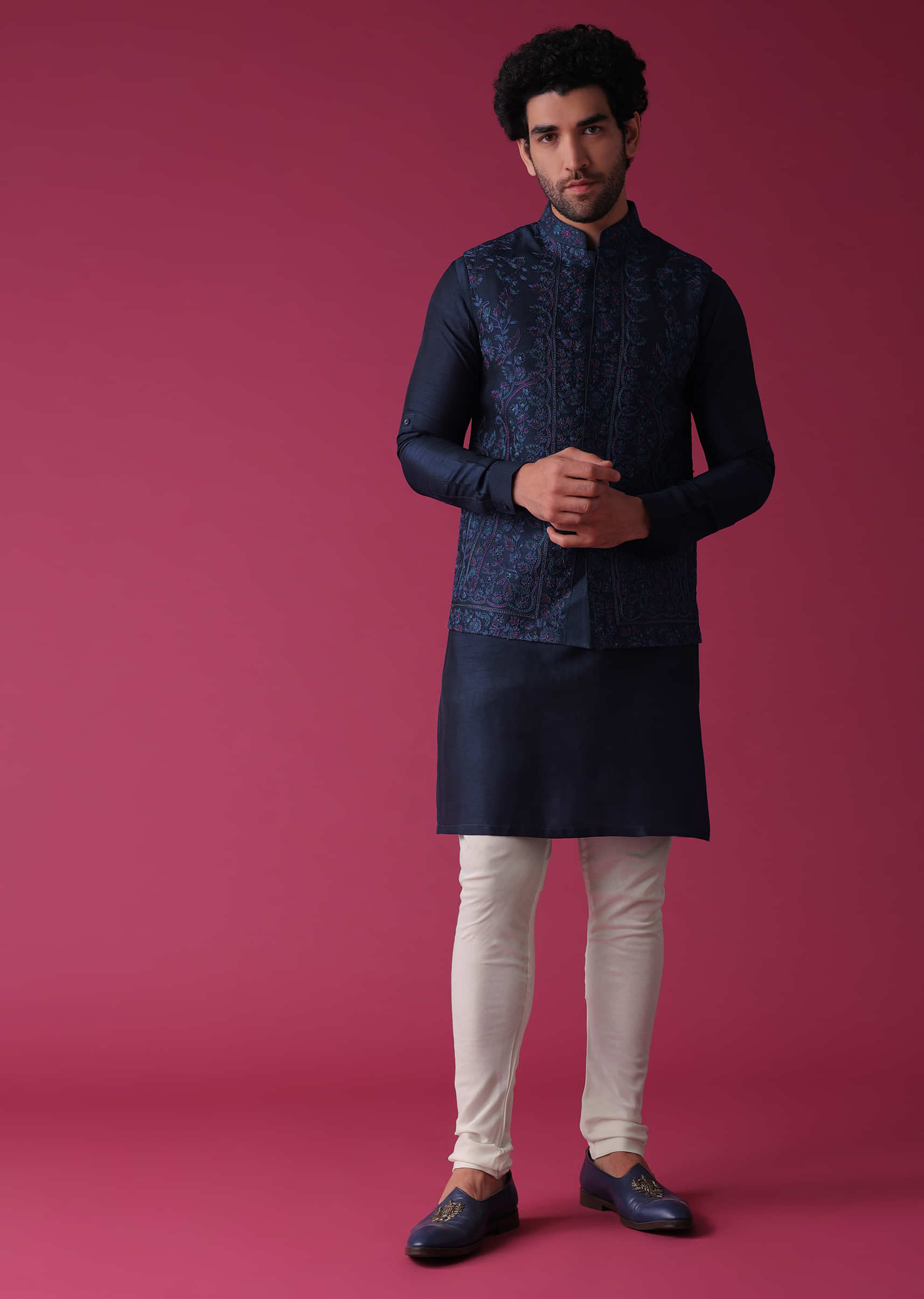 Indigo Blue Jacket Kurta Set In Art Silk With Heavy Threadwork