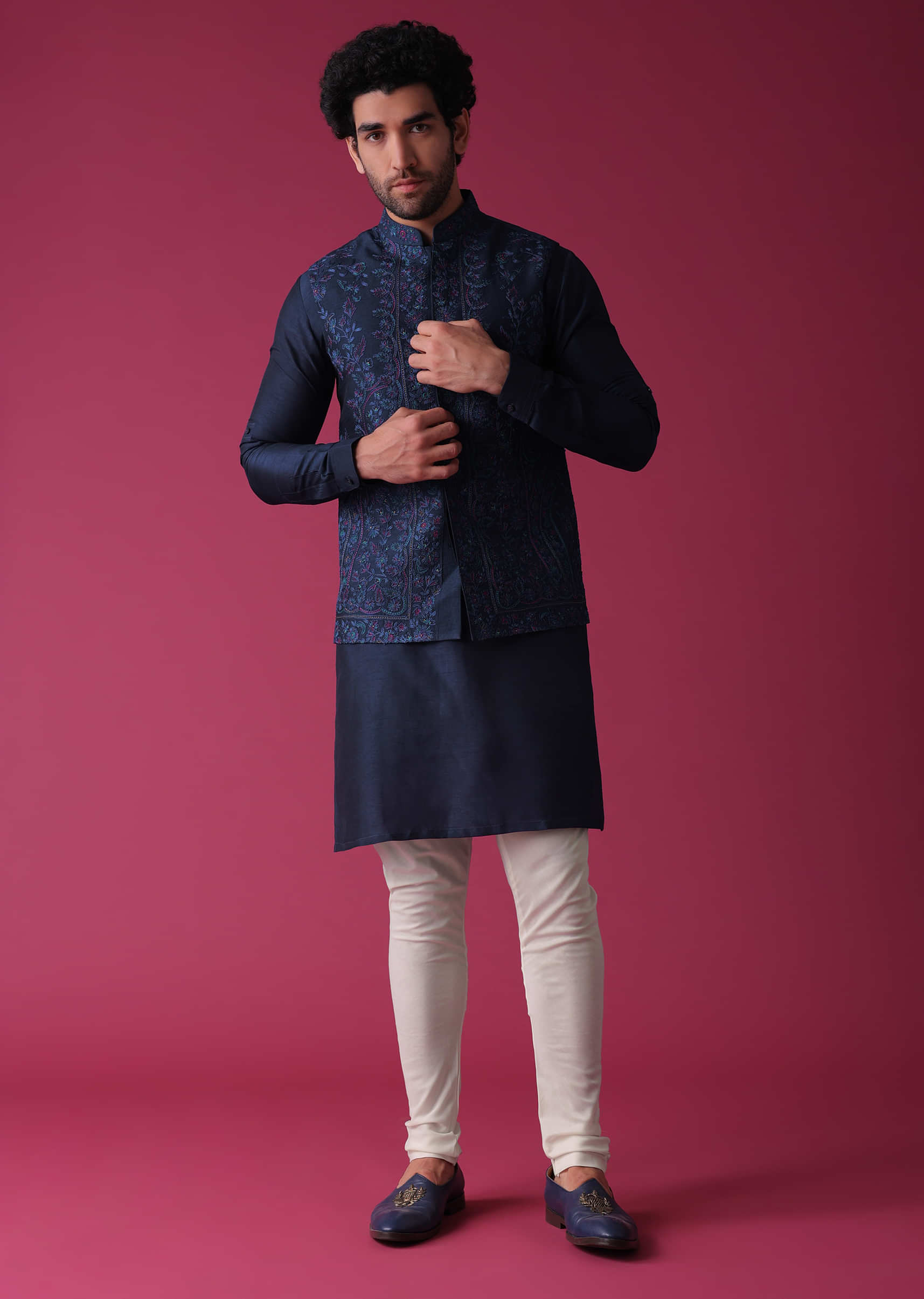Indigo Blue Jacket Kurta Set In Art Silk With Heavy Threadwork
